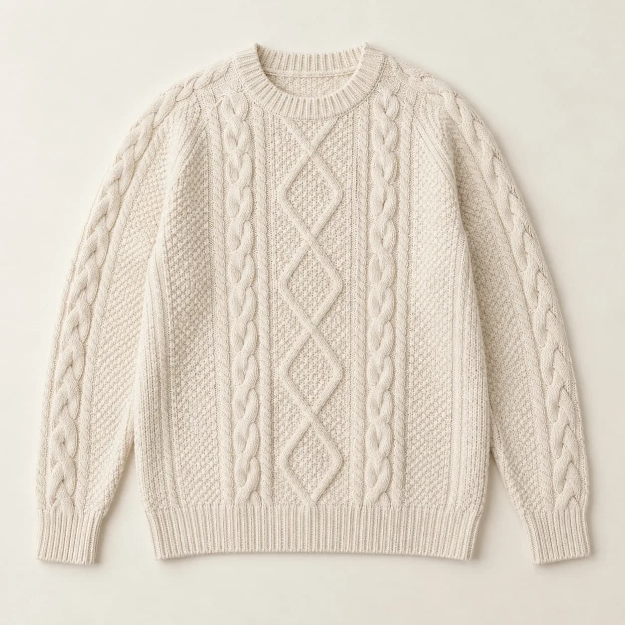 Men's Wool-Cotton Aran Crew-Neck Sweater - front reference (AI development concept)