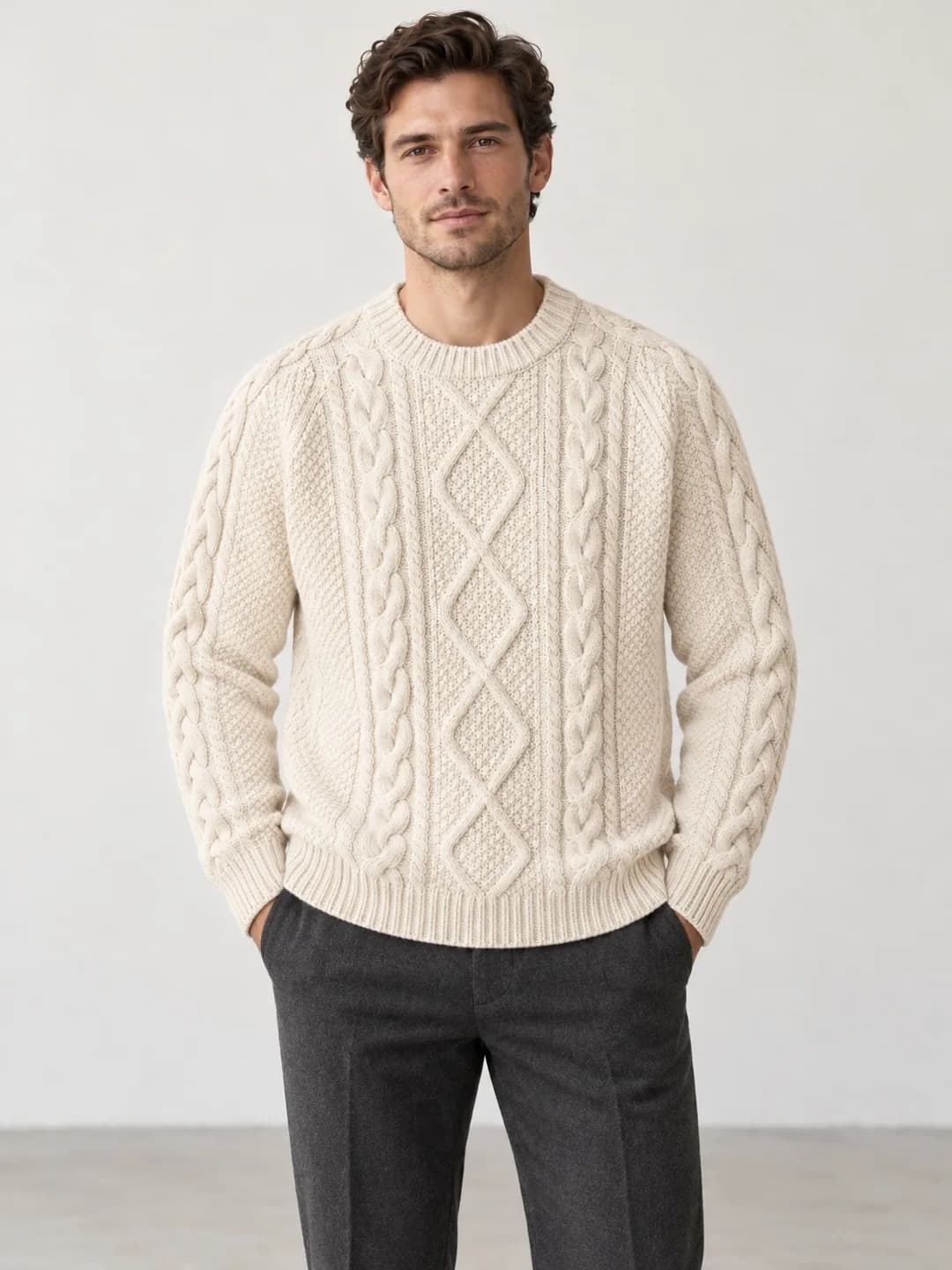 Men's Wool-Cotton Aran Crew-Neck Sweater - model or use reference (AI development concept)