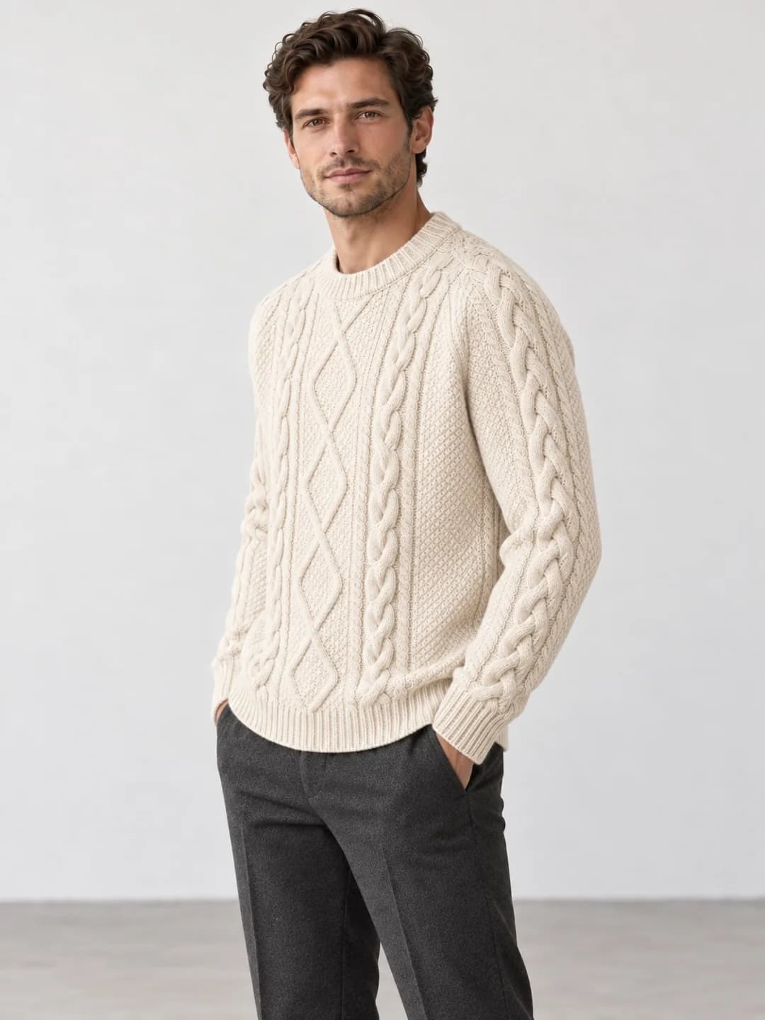 Men's Wool-Cotton Aran Crew-Neck Sweater - side reference (AI development concept)