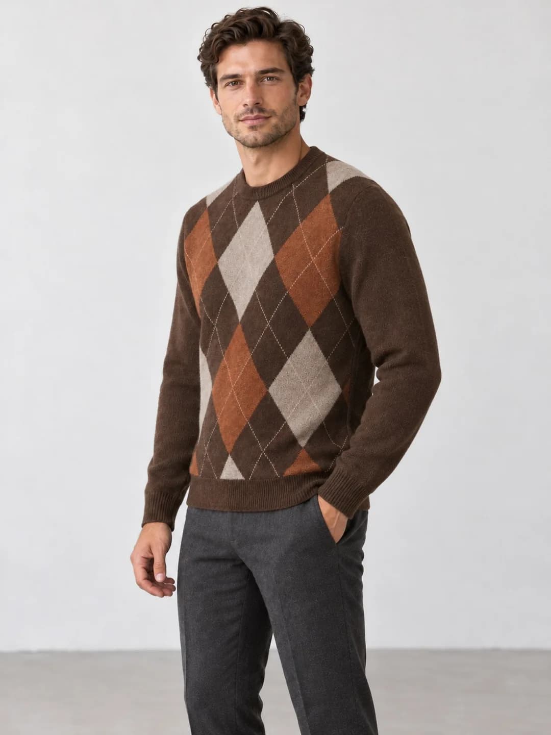 Men's Merino-Blend Argyle Crew-Neck Sweater - side reference (AI development concept)