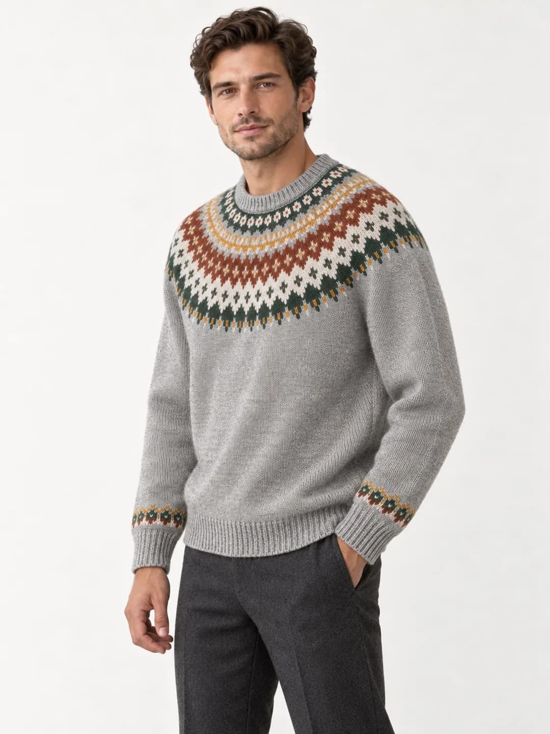 Mens Multicolour Fair Isle Yoke Crew - side reference (AI development concept)