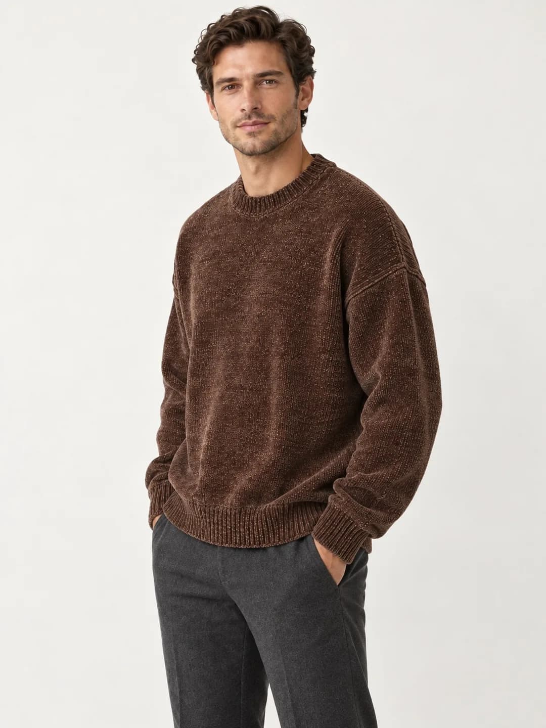 Mens Chenille Drop-Shoulder Crew Sweater - side reference (AI development concept)