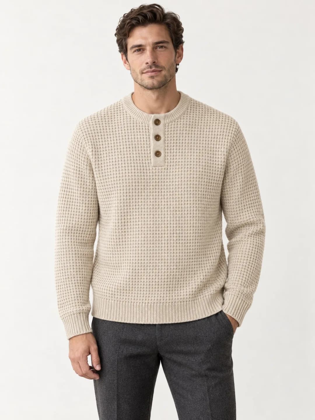 Men's Cotton-Wool Waffle Henley Sweater - model or use reference (AI development concept)