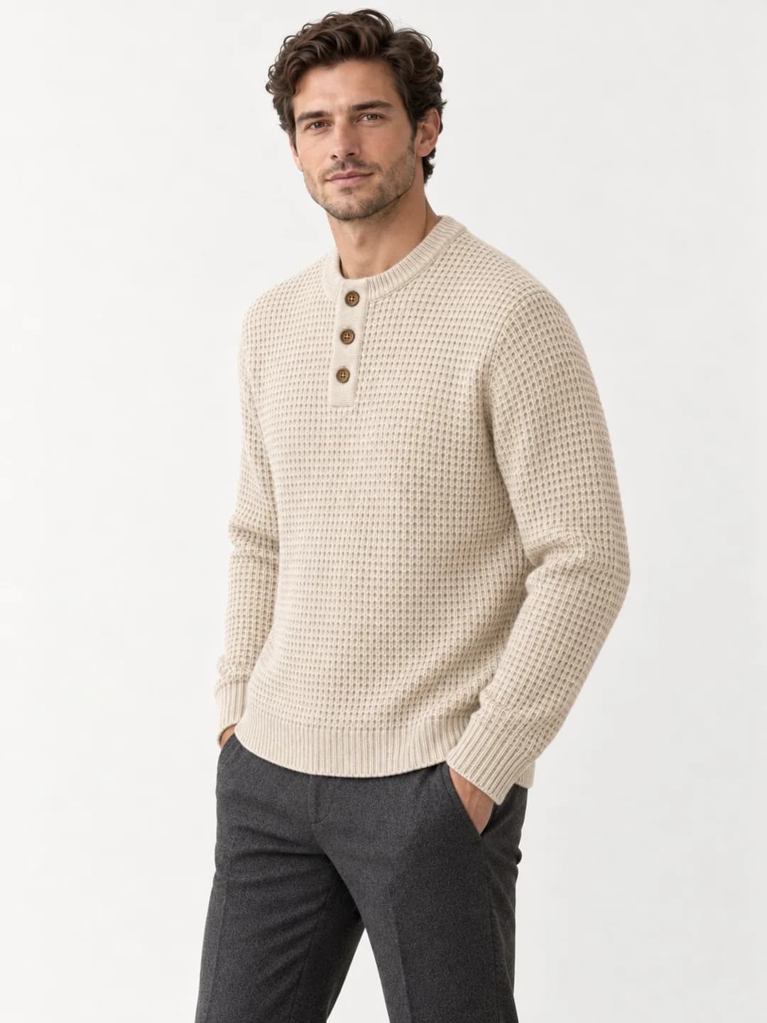 Men's Cotton-Wool Waffle Henley Sweater - side reference (AI development concept)