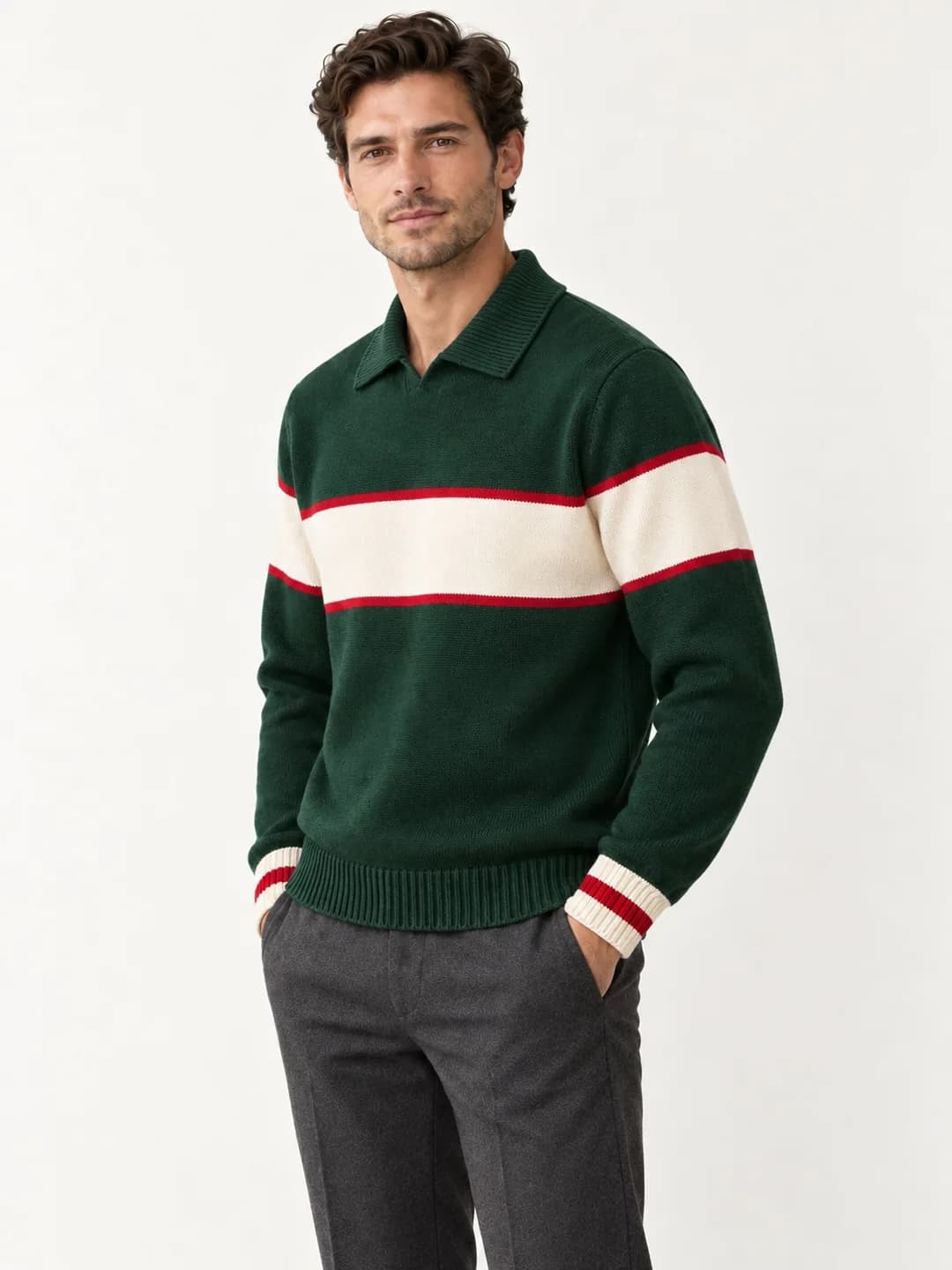 Men's Football-Stripe Open-Collar Knit Sweater - side reference (AI development concept)