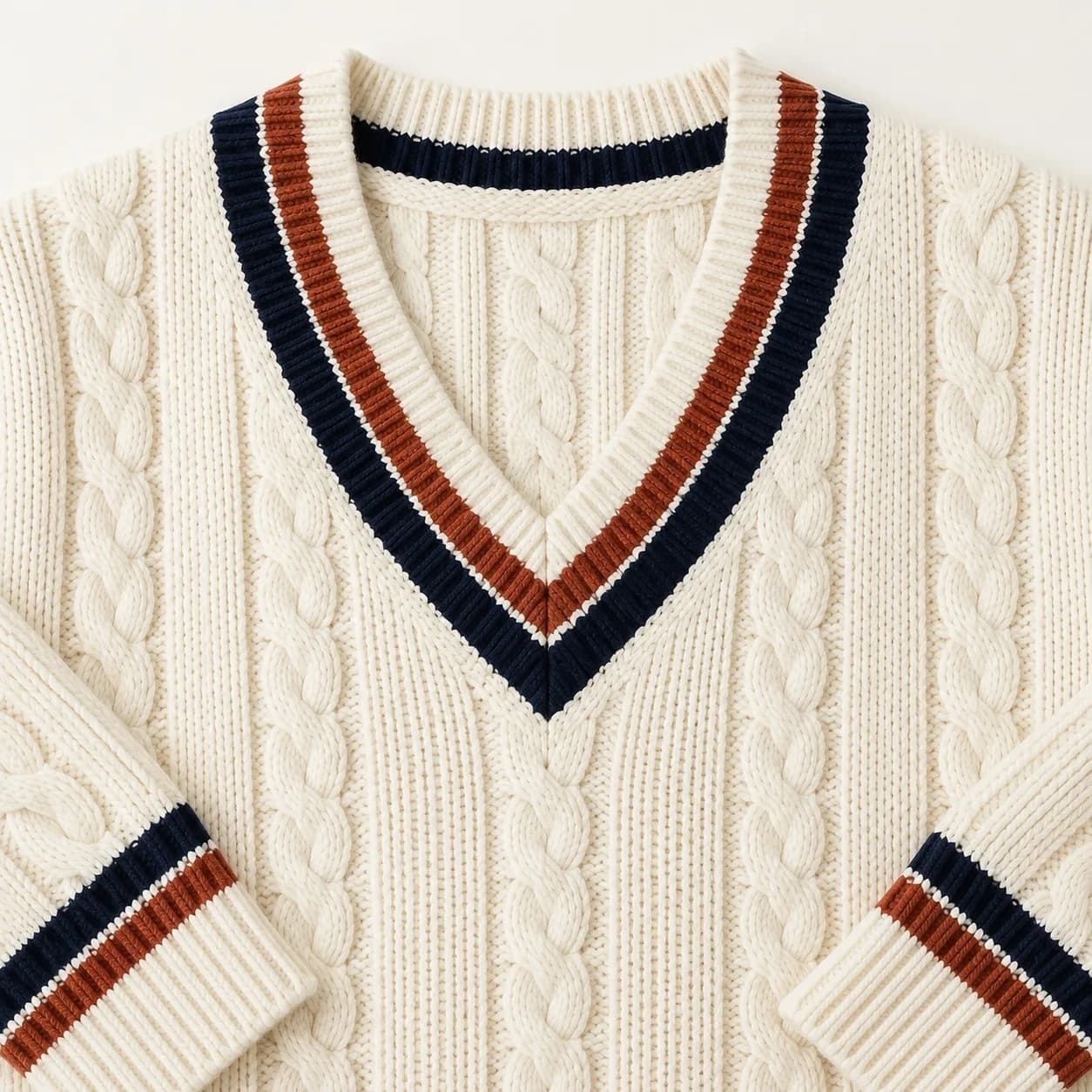 Men's Cable V-Neck Cricket Sweater - trim reference (AI development concept)
