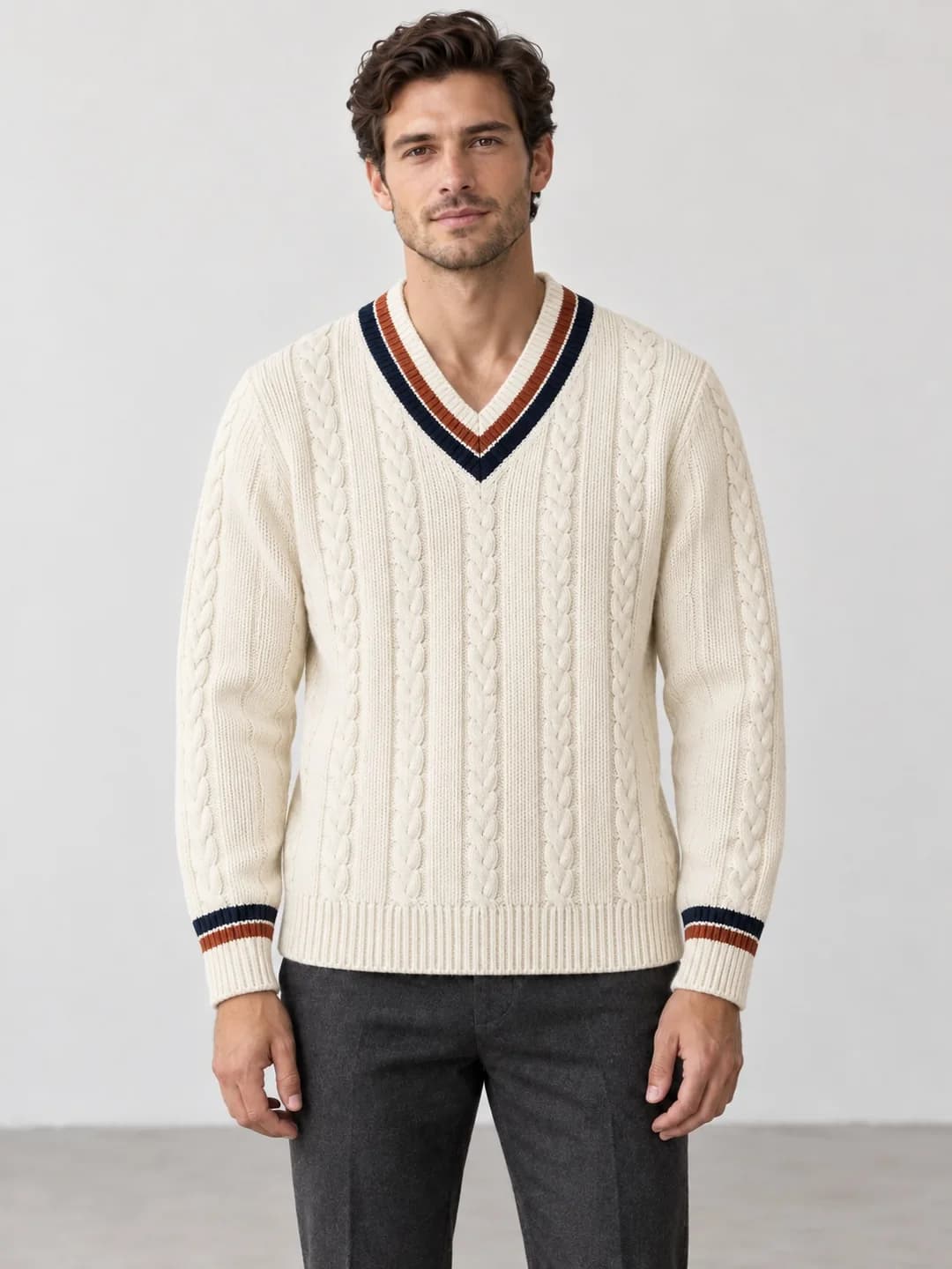 Men's Cable V-Neck Cricket Sweater - model or use reference (AI development concept)