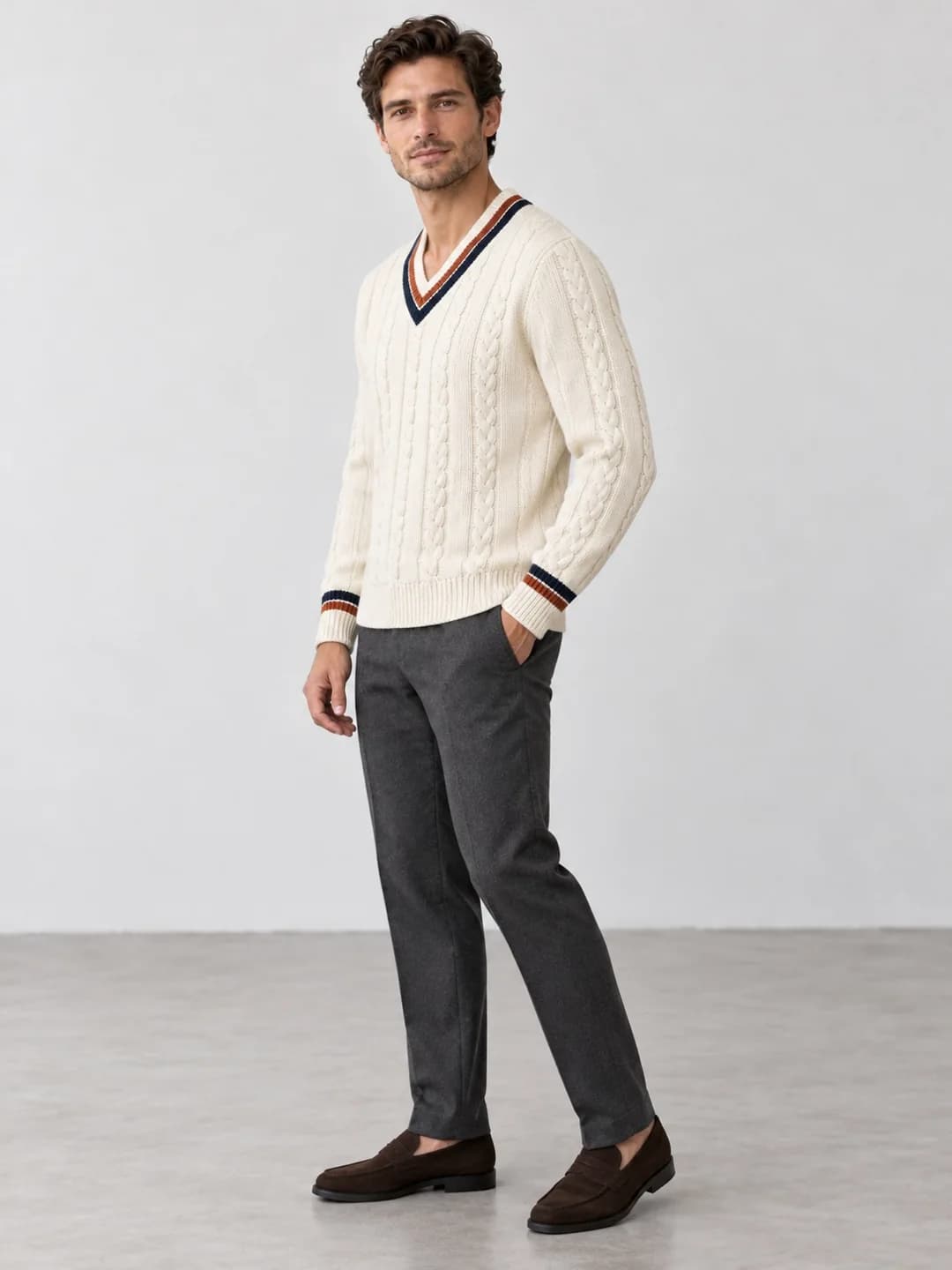 Men's Cable V-Neck Cricket Sweater - side reference (AI development concept)