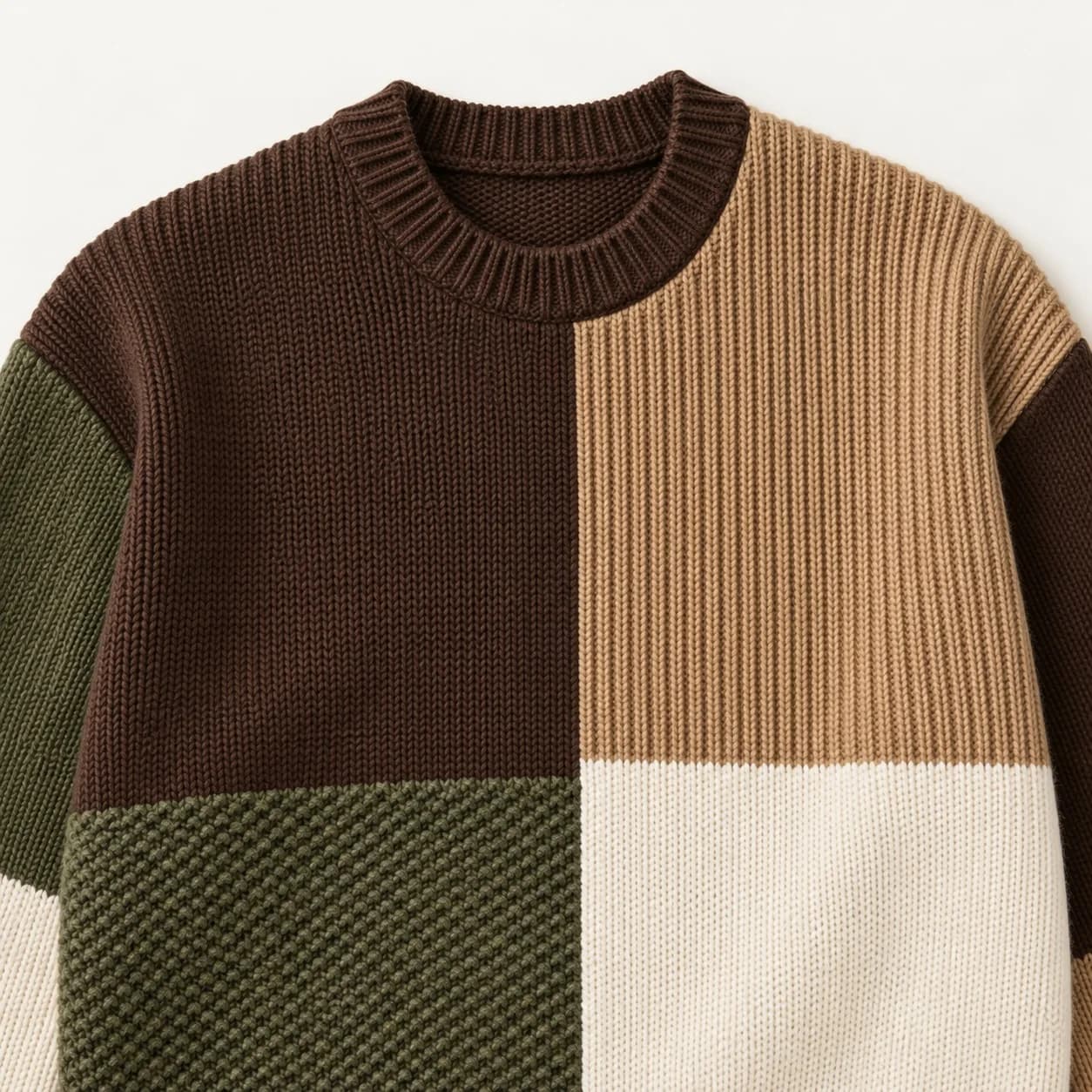Mens Intarsia Patchwork Crew Sweater - trim reference (AI development concept)