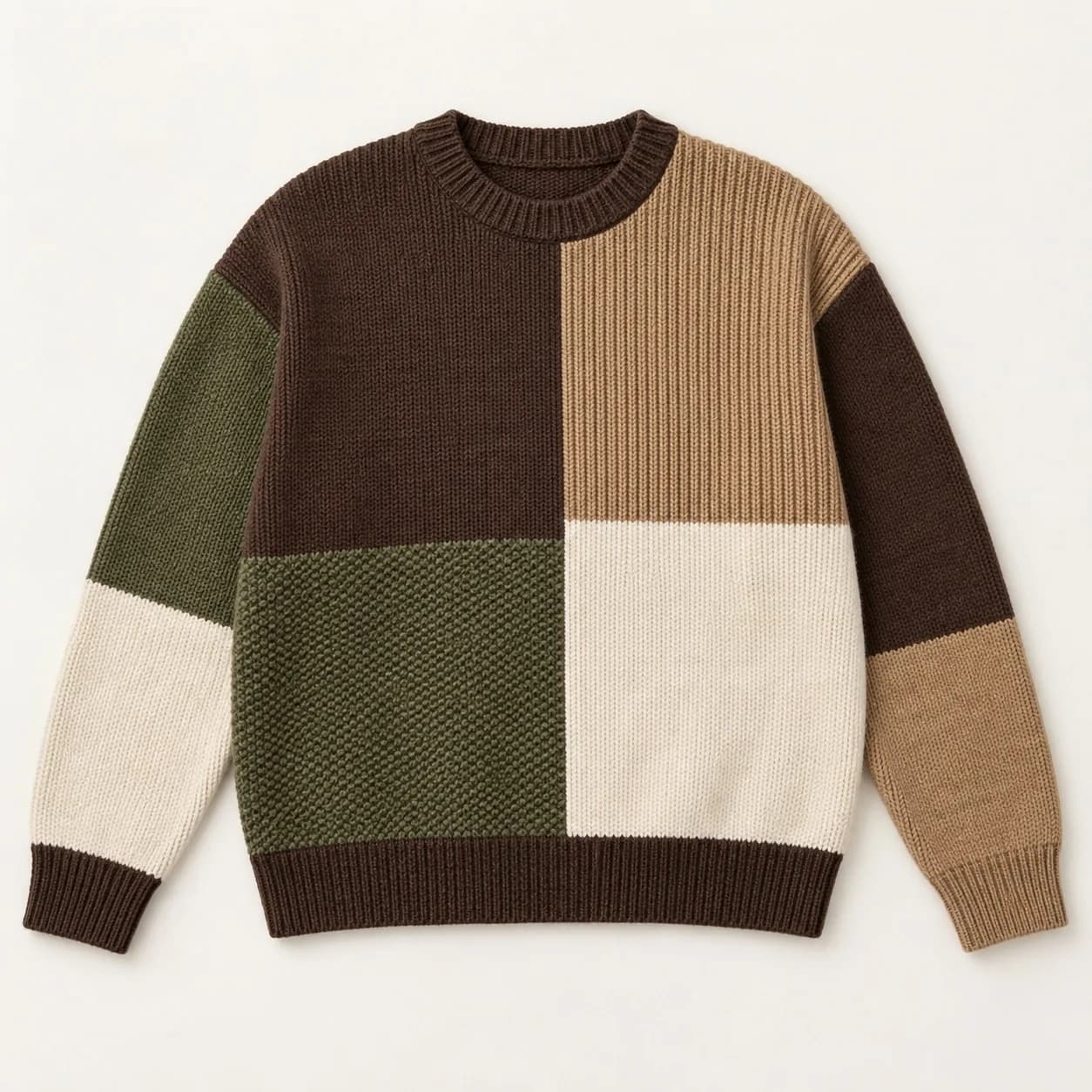Mens Intarsia Patchwork Crew Sweater - front reference (AI development concept)