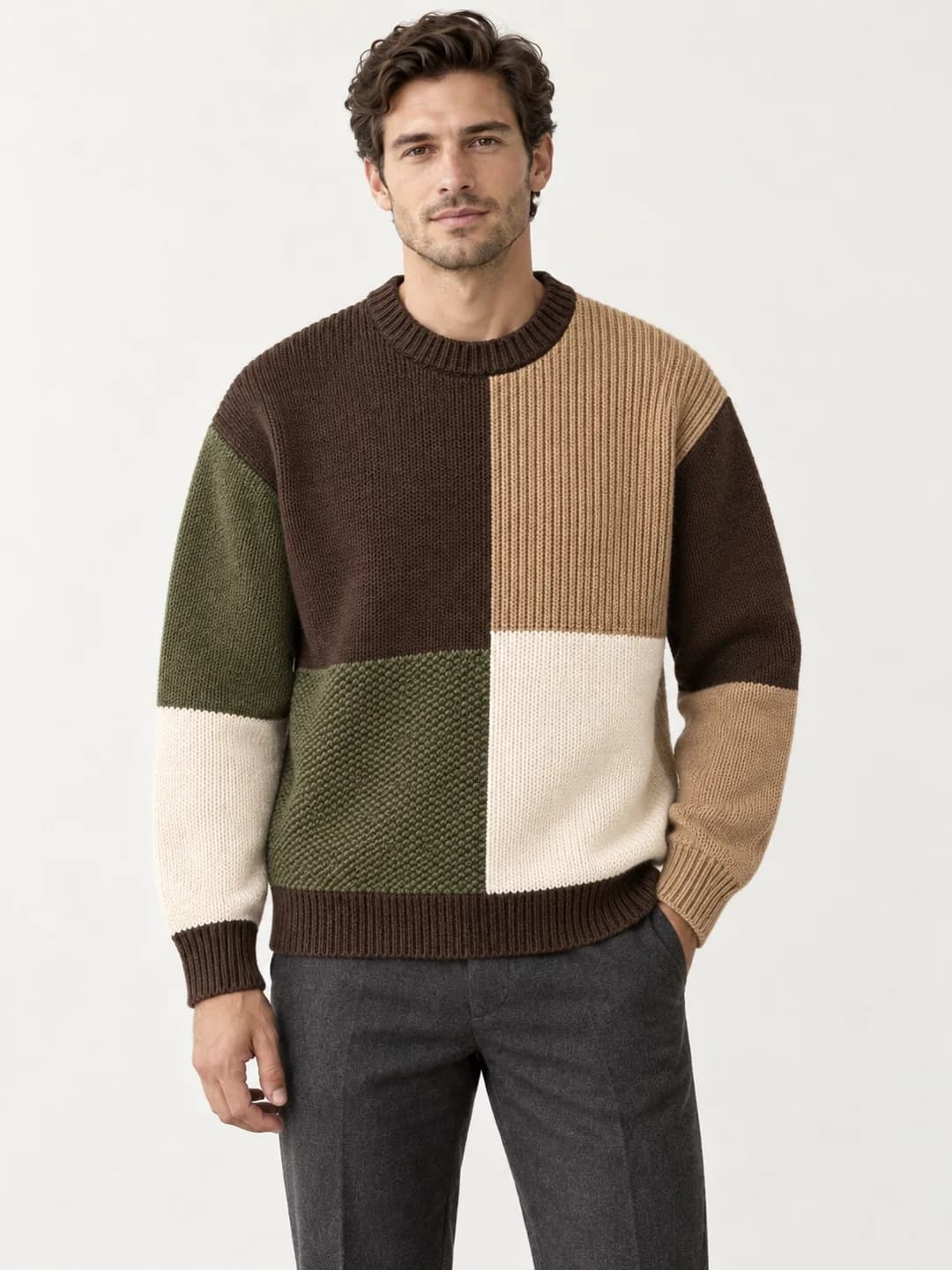 Mens Intarsia Patchwork Crew Sweater - model or use reference (AI development concept)