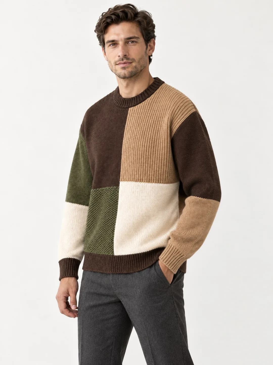 Mens Intarsia Patchwork Crew Sweater - side reference (AI development concept)