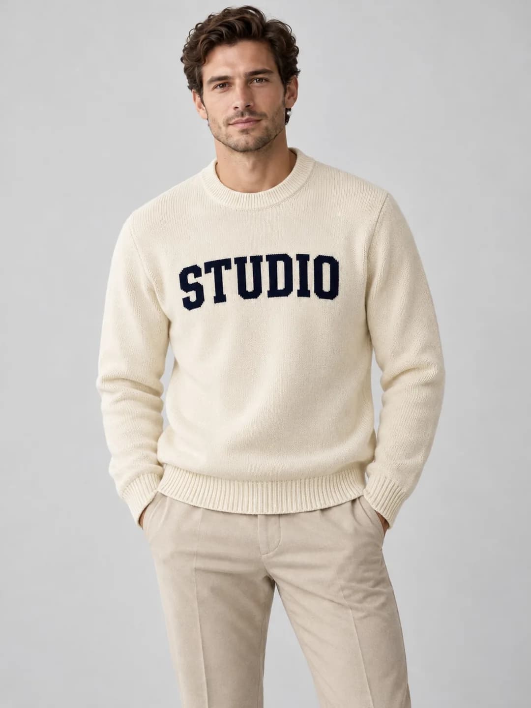 Men's Cotton Lettering Jacquard Crew-Neck Sweater - model or use reference (AI development concept)