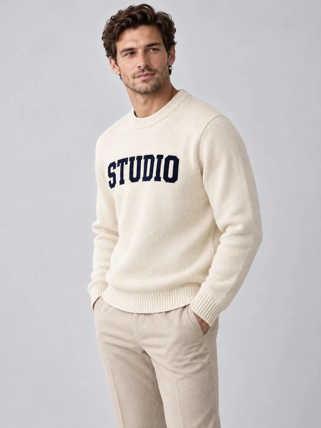 Men's Cotton Lettering Jacquard Crew-Neck Sweater - side reference (AI development concept)