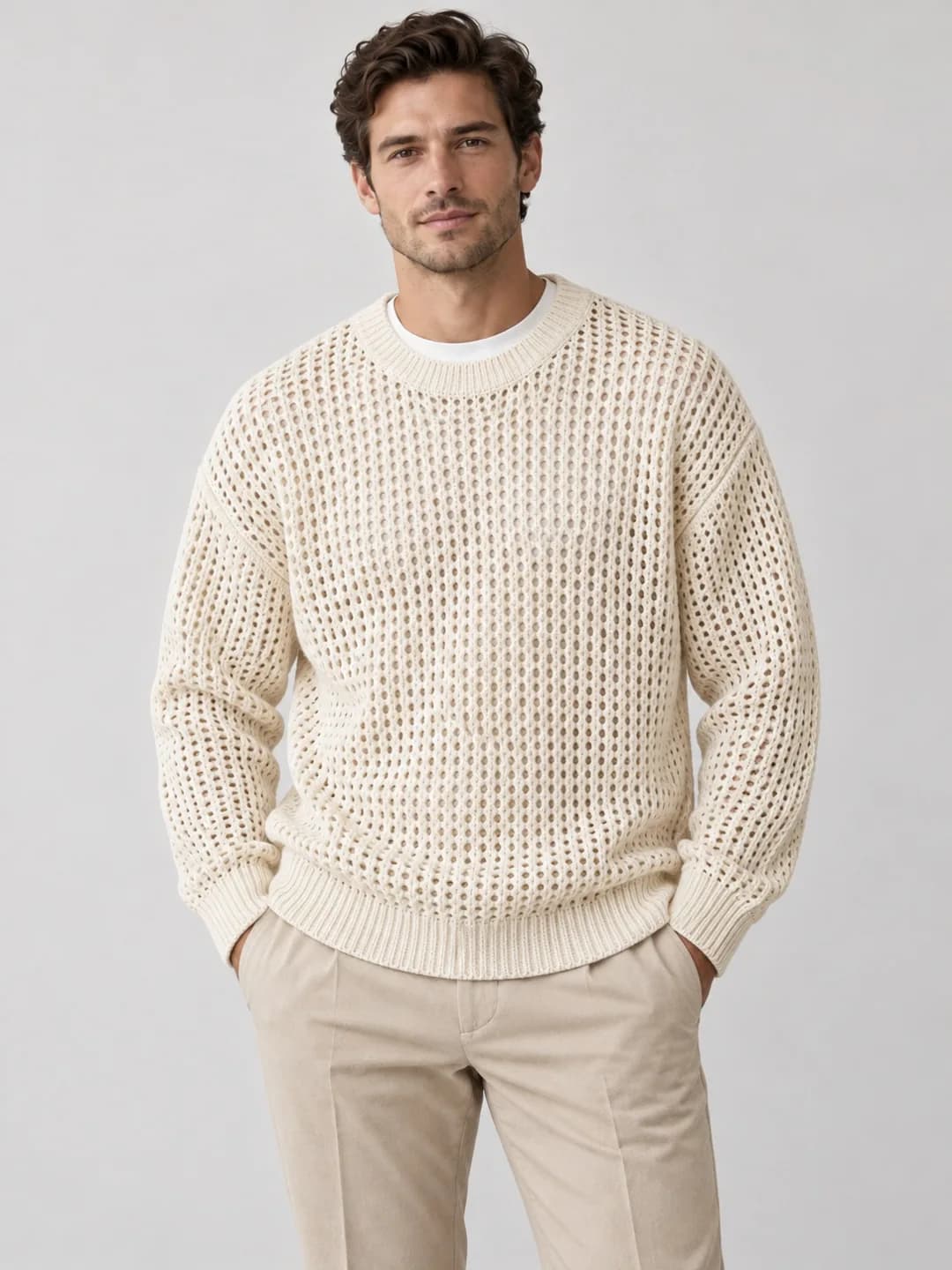 Mens Cotton-Linen Openwork Crew - model or use reference (AI development concept)