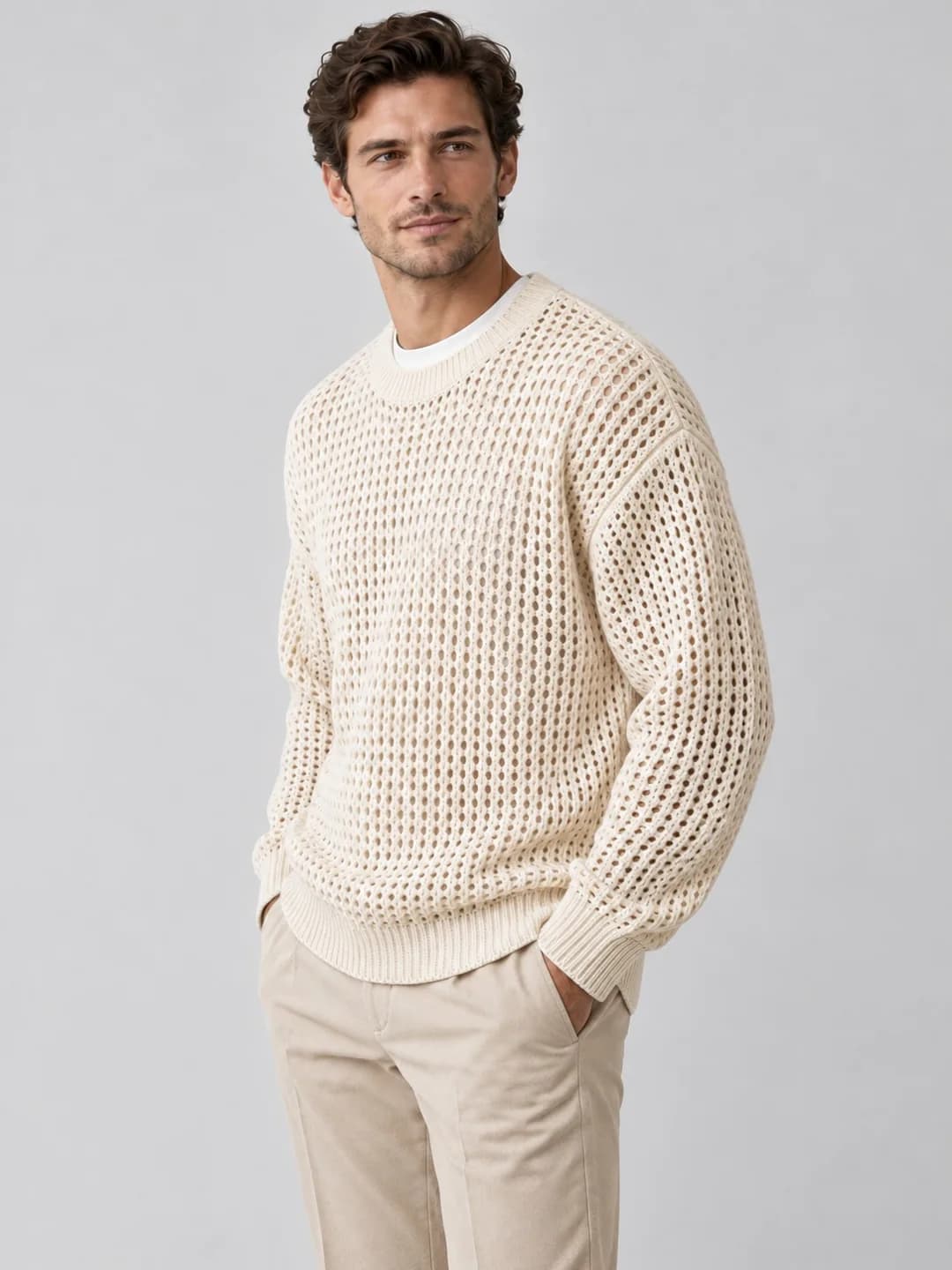 Mens Cotton-Linen Openwork Crew - side reference (AI development concept)