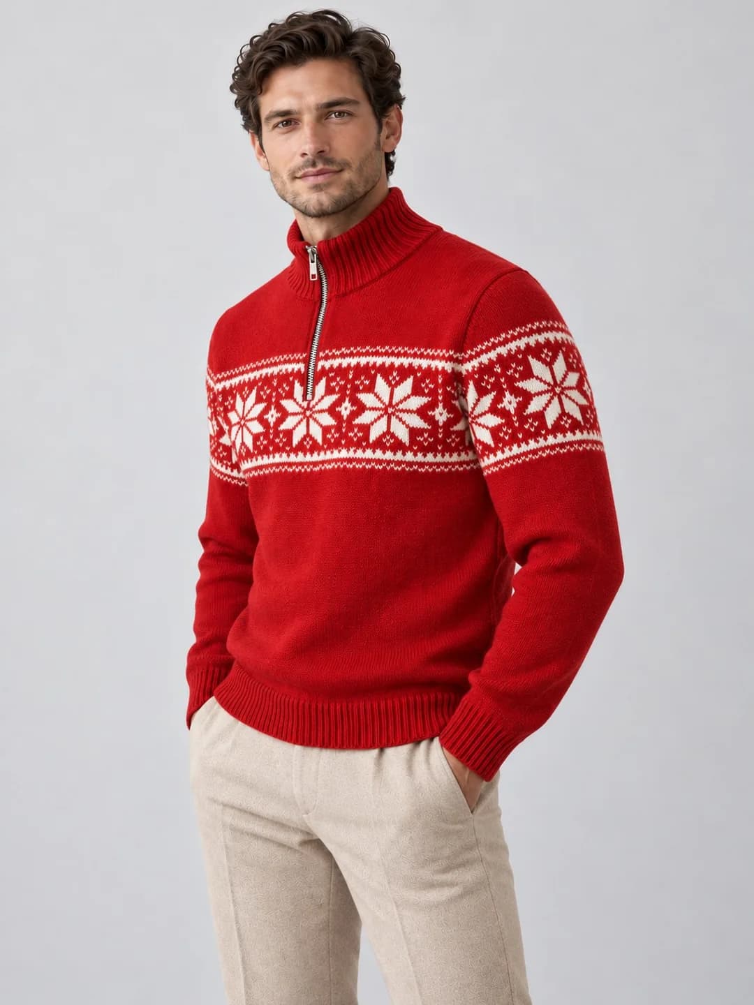 Men's Snowflake Jacquard Half-Zip Sweater - side reference (AI development concept)