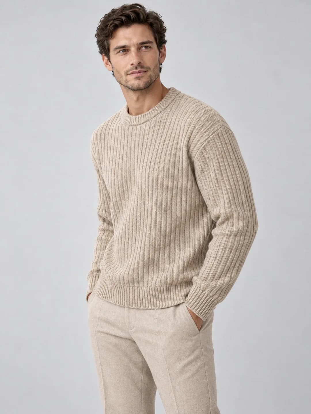 Mens Wool-Cashmere Wide-Rib Crew - side reference (AI development concept)