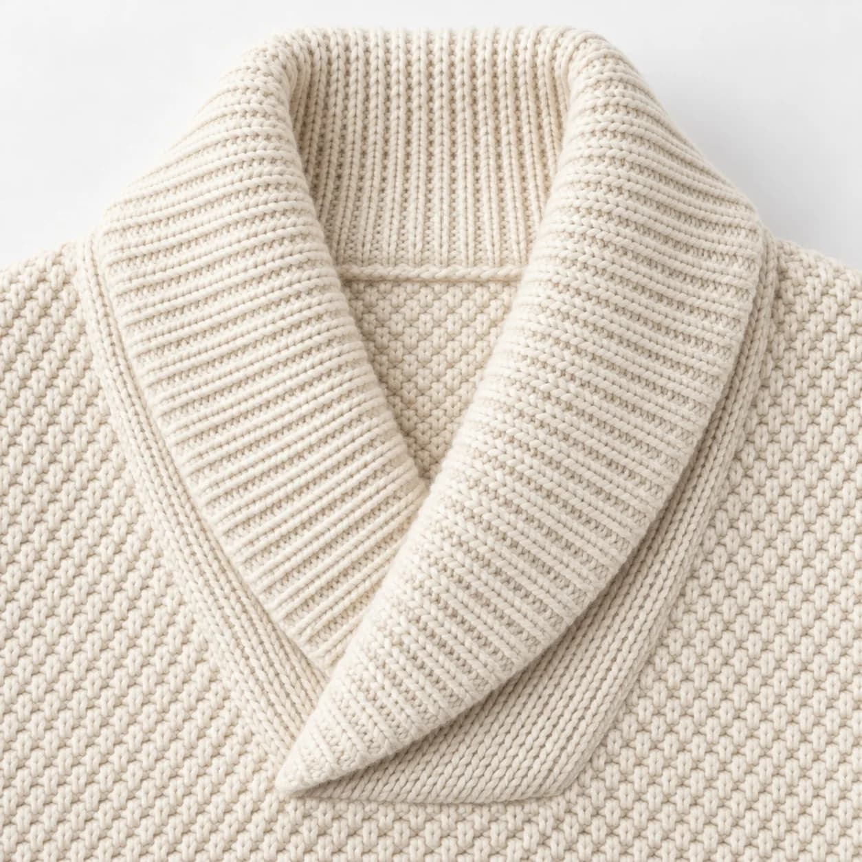 Mens Pearl-Stitch Shawl-Neck Pullover - trim reference (AI development concept)