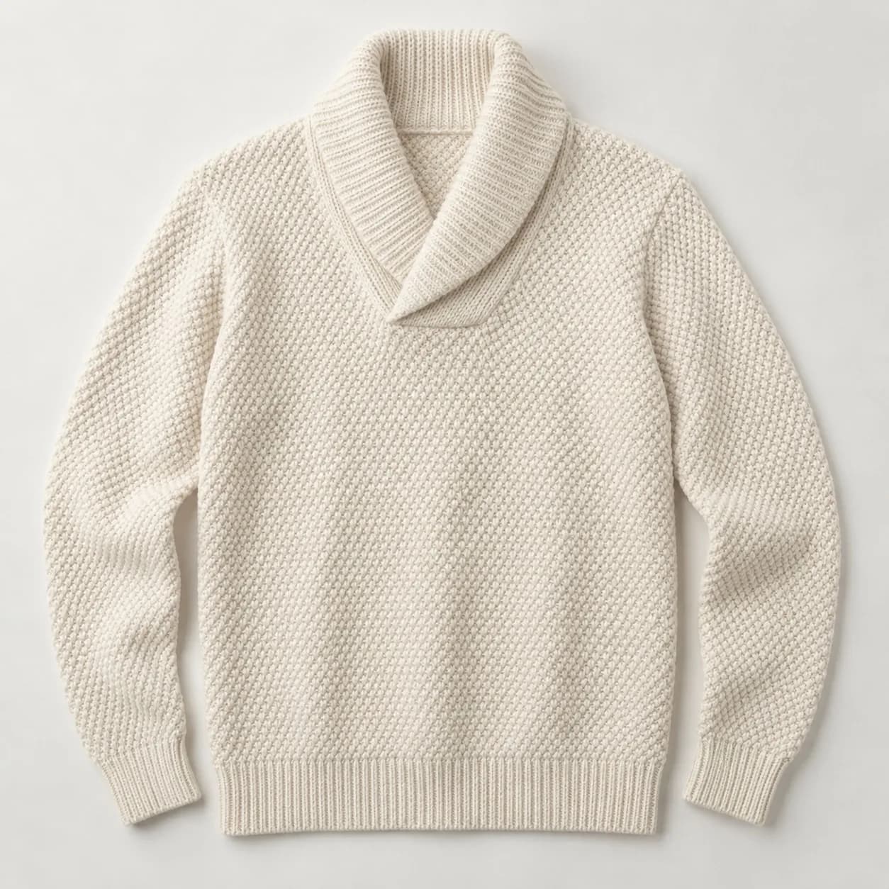 Mens Pearl-Stitch Shawl-Neck Pullover - front reference (AI development concept)