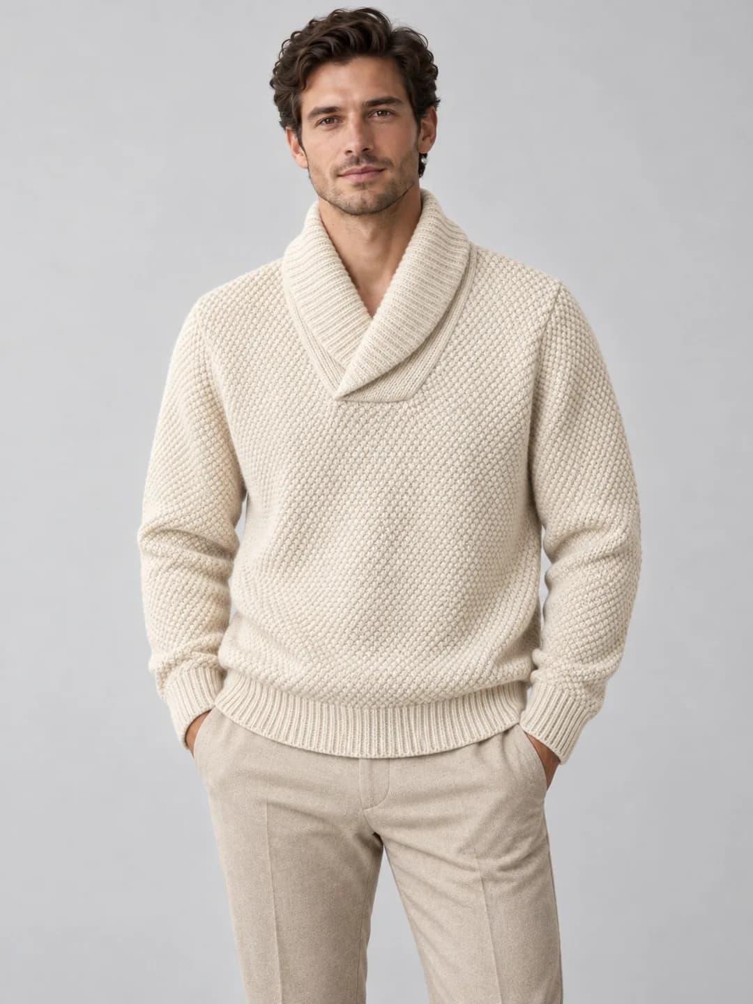 Mens Pearl-Stitch Shawl-Neck Pullover - model or use reference (AI development concept)