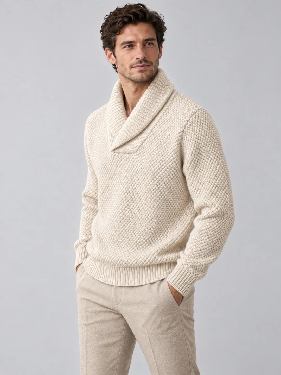 Mens Pearl-Stitch Shawl-Neck Pullover - side reference (AI development concept)