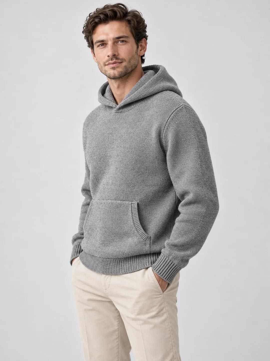 Mens Cotton-Wool Pullover Knit Hoodie - side reference (AI development concept)