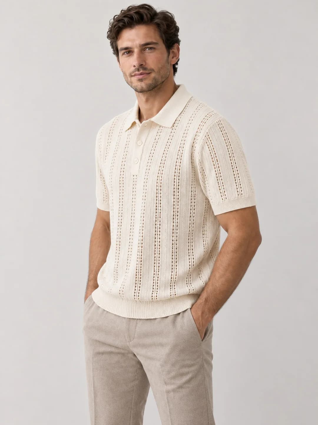Mens Cotton-Linen Pointelle Short-Sleeve Polo - side reference (AI development concept)