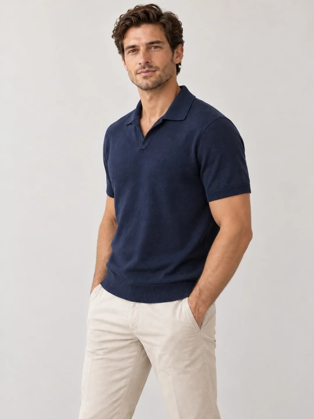 Mens Mercerized-Cotton Johnny-Collar Polo - side reference (AI development concept)