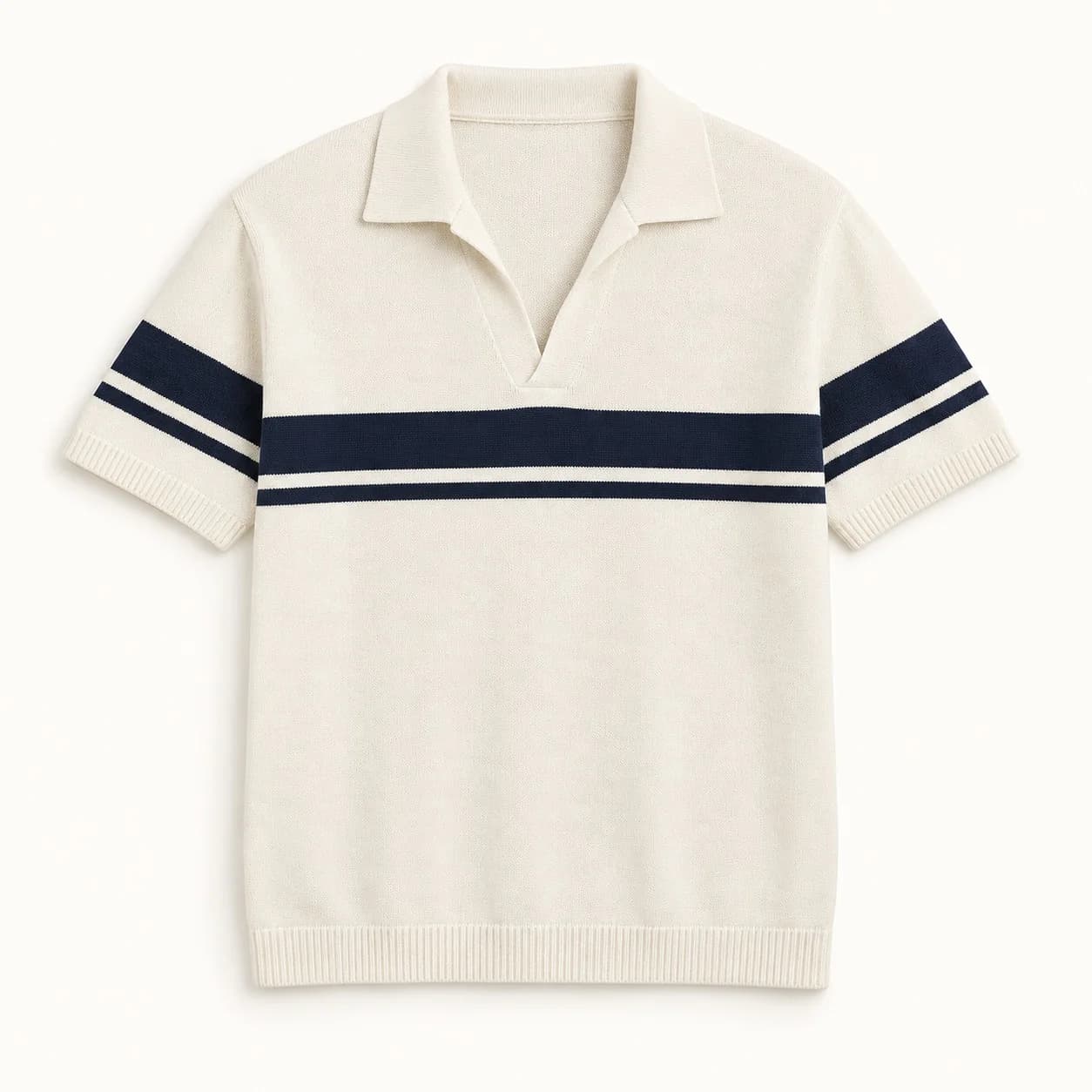 Mens Retro Chest-Stripe Open-Collar Polo - front reference (AI development concept)