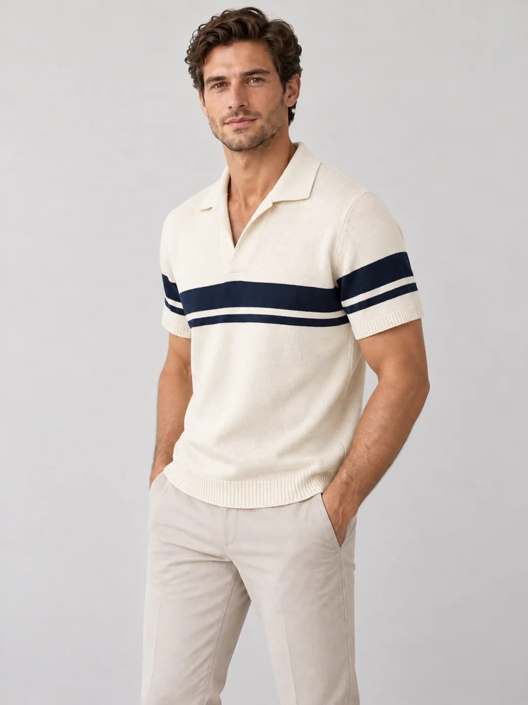 Mens Retro Chest-Stripe Open-Collar Polo - side reference (AI development concept)