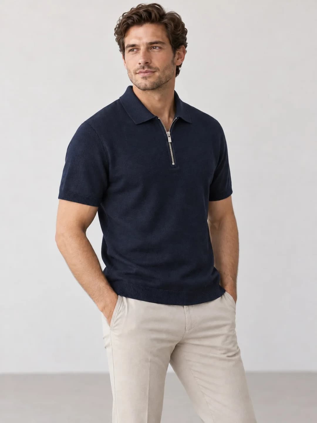 Mens Mercerized-Cotton Short-Zip Polo - side reference (AI development concept)