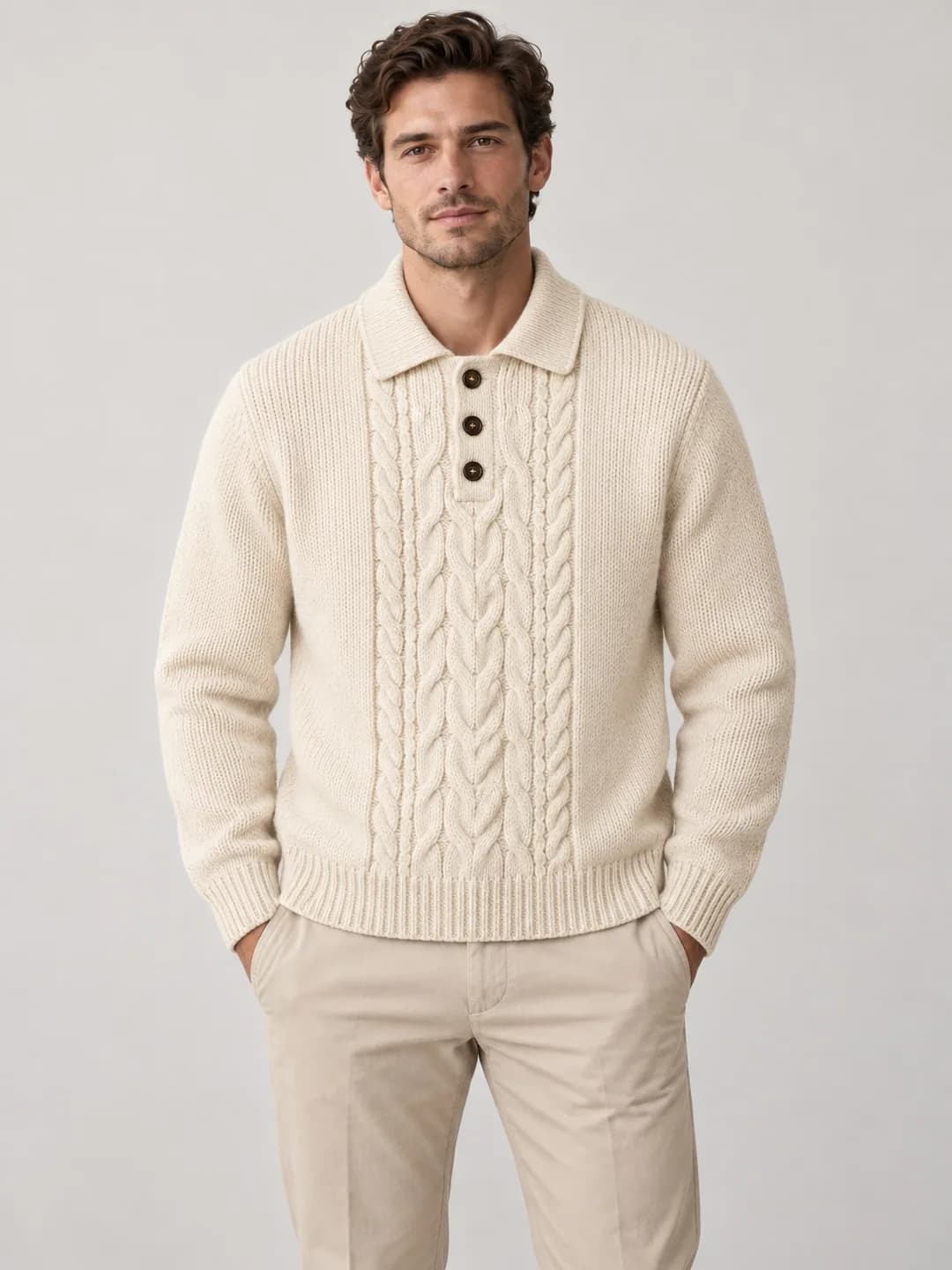 Mens Cable-Panel Long-Sleeve Polo - model or use reference (AI development concept)