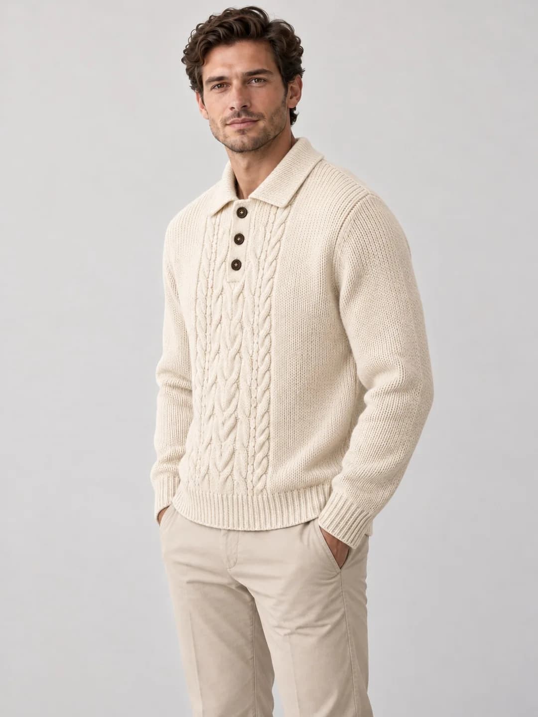 Mens Cable-Panel Long-Sleeve Polo - side reference (AI development concept)