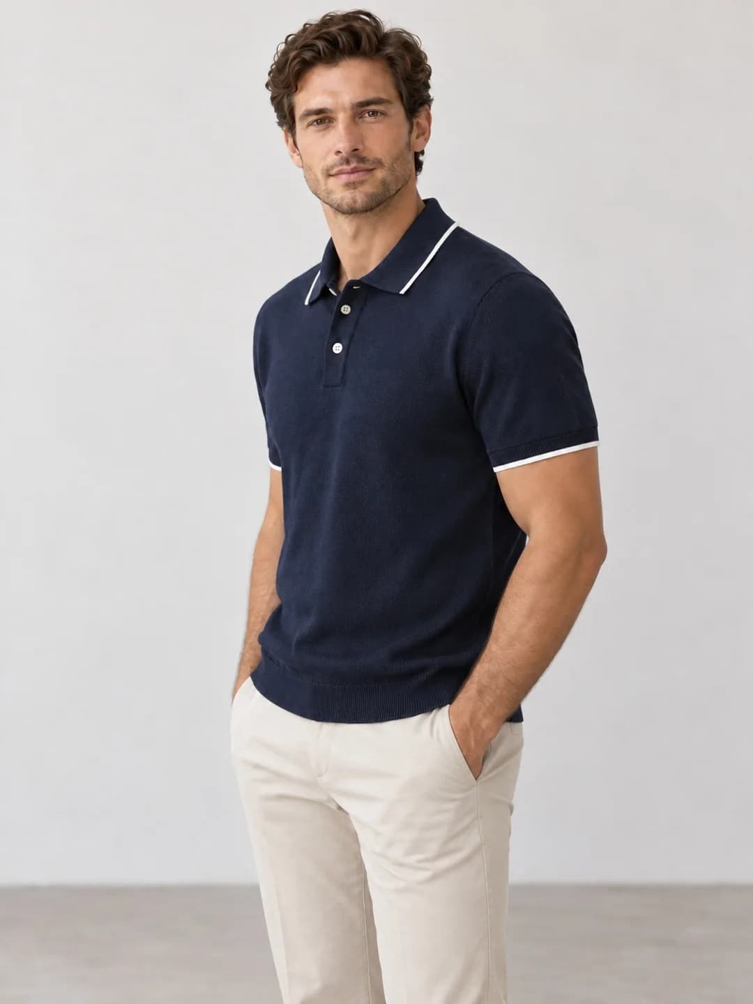 Mens Tipped Cotton-Linen Knit Polo - side reference (AI development concept)