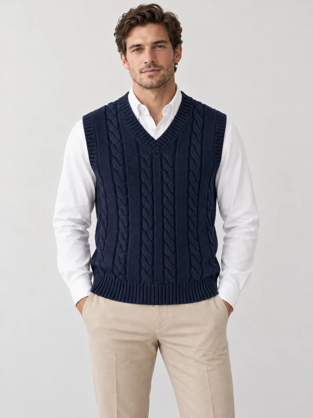 Mens Cable V-Neck Sweater Vest - model or use reference (AI development concept)