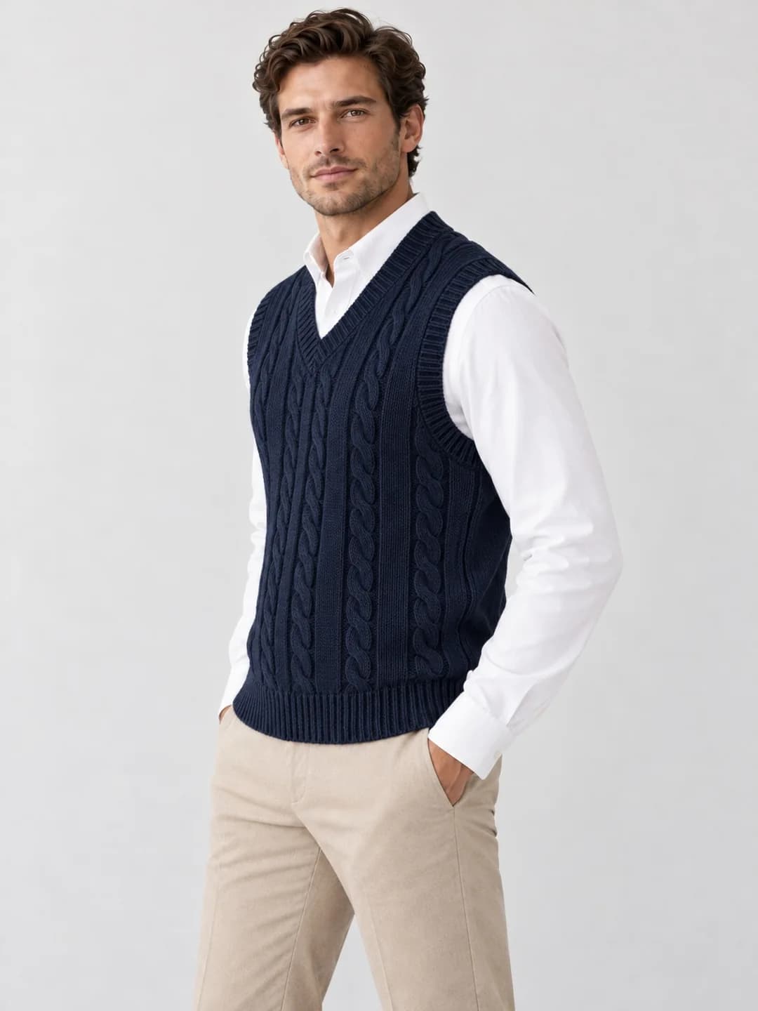 Mens Cable V-Neck Sweater Vest - side reference (AI development concept)