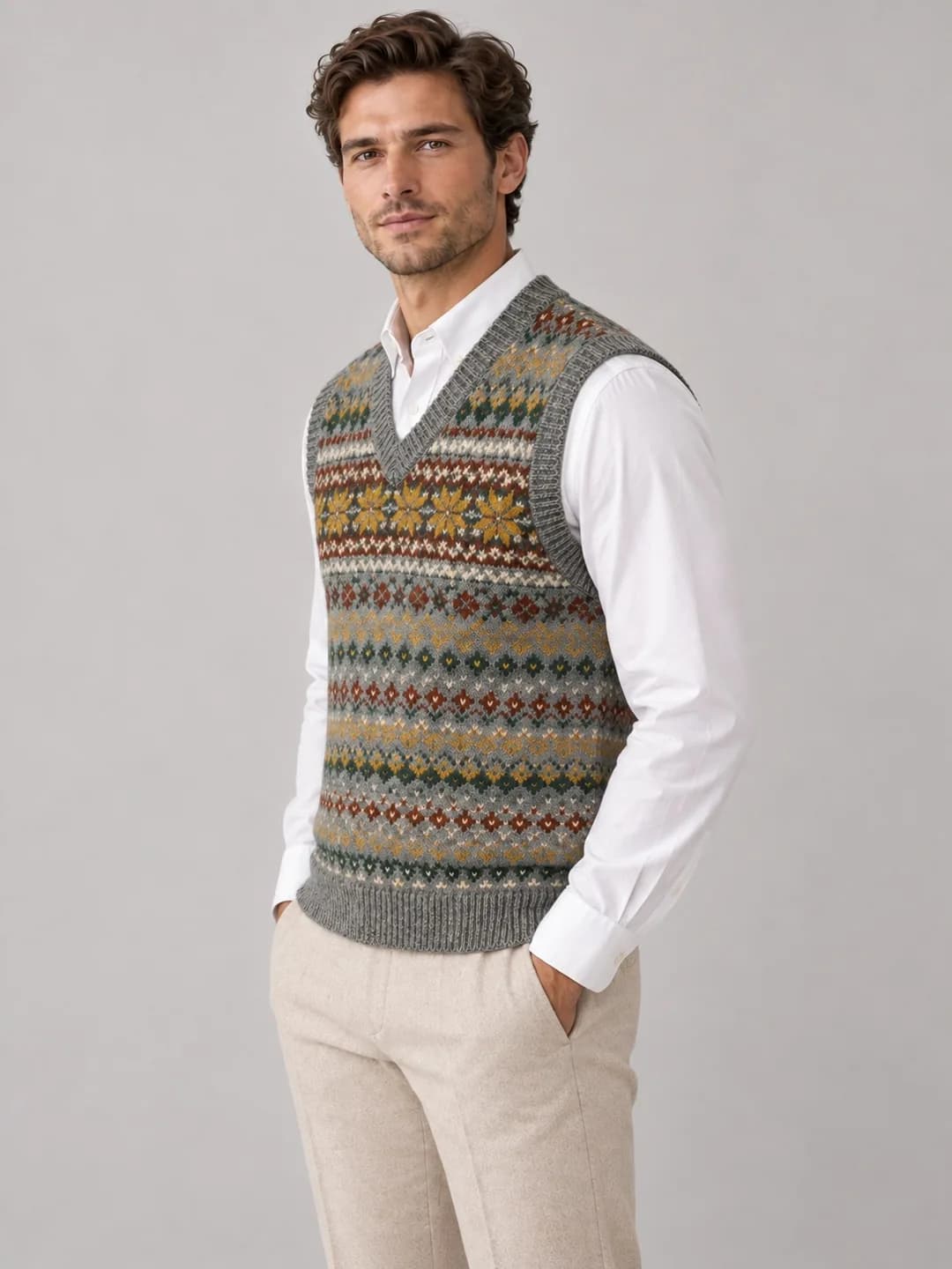 Mens Fair Isle V-Neck Sweater Vest - side reference (AI development concept)