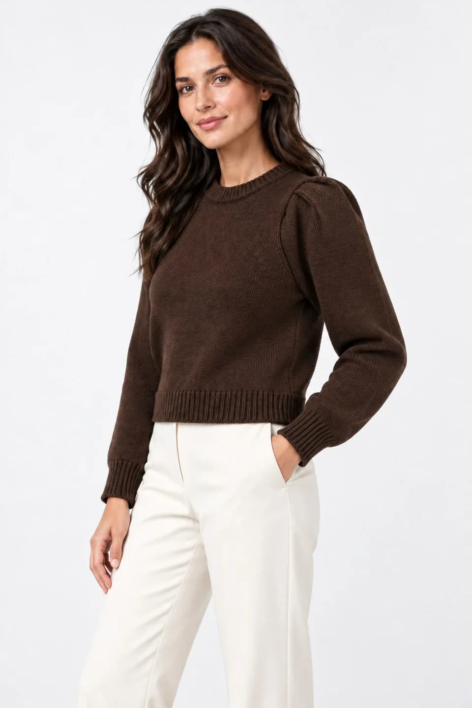 Womens Sculpted-Shoulder Boxy Crew Sweater - side reference (AI development concept)