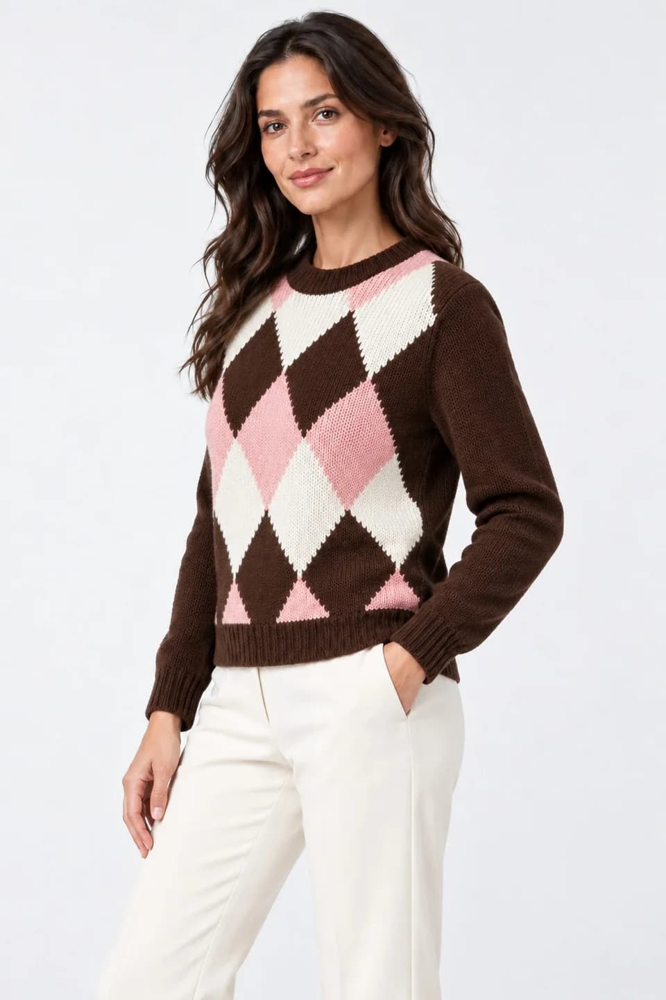 Women's Chunky Argyle Intarsia Crew-Neck Sweater - side reference (AI development concept)