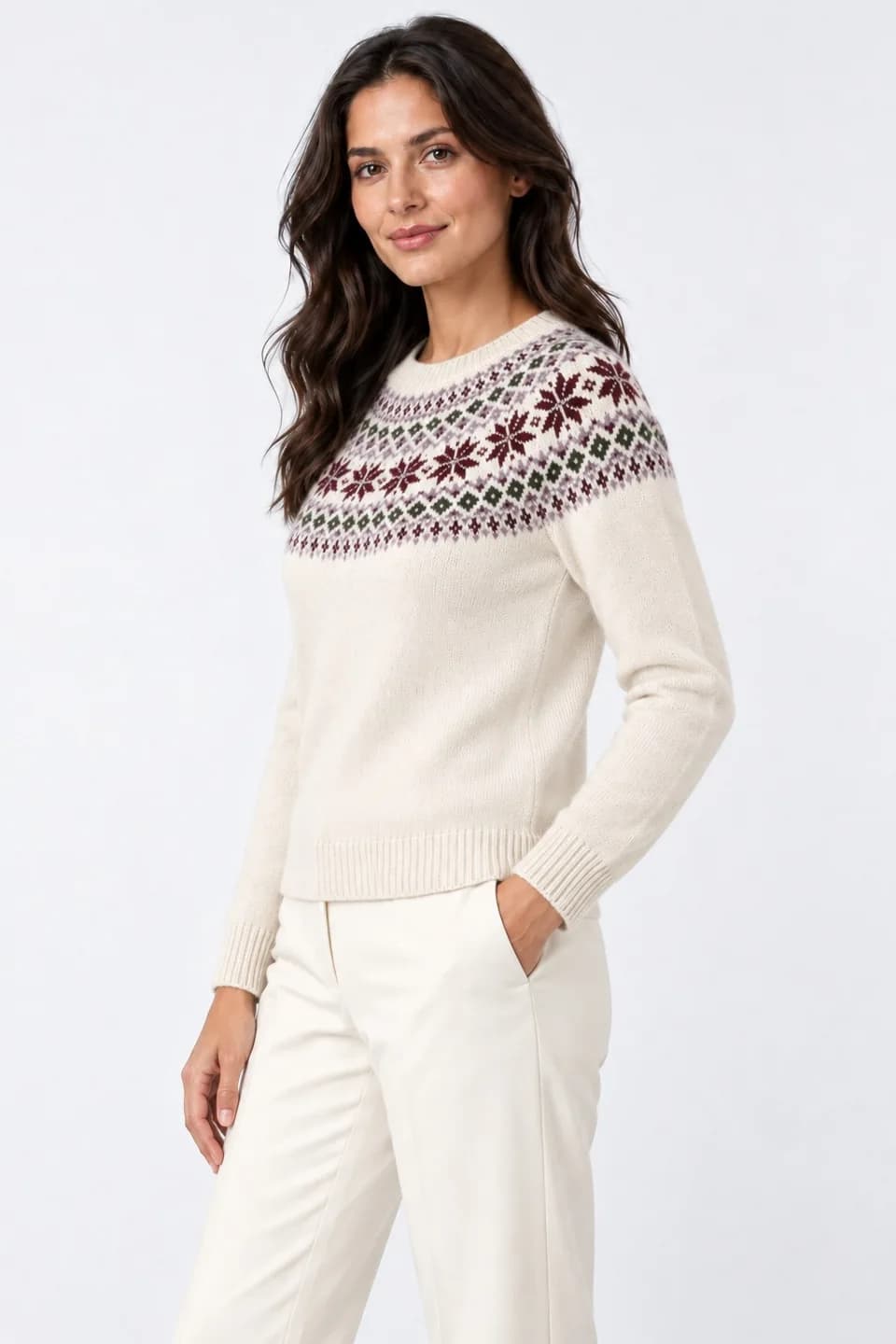 Women's Fair Isle Round-Yoke Sweater - side reference (AI development concept)