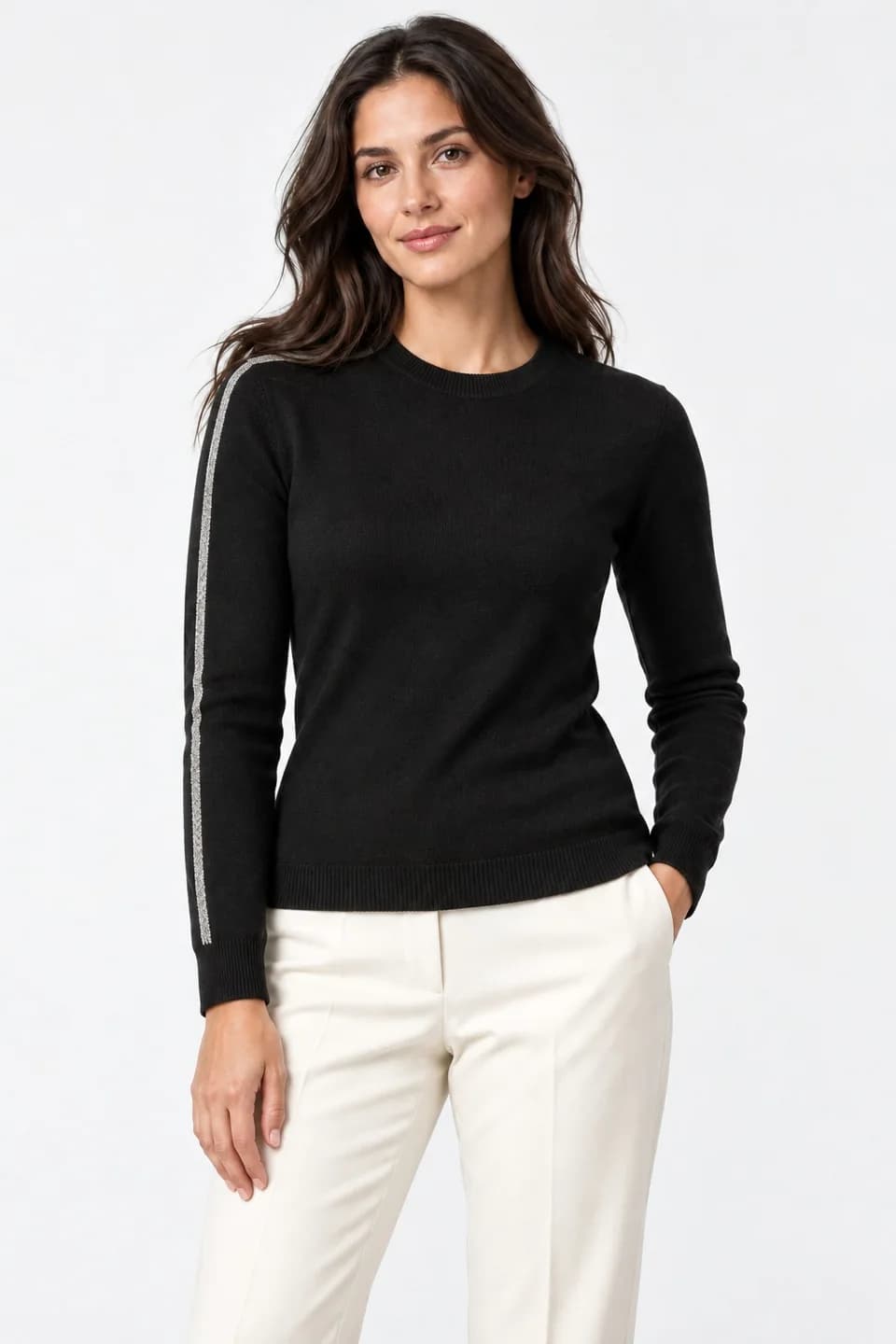Womens Metallic Sleeve-Stripe Fine-Knit Sweater - model or use reference (AI development concept)