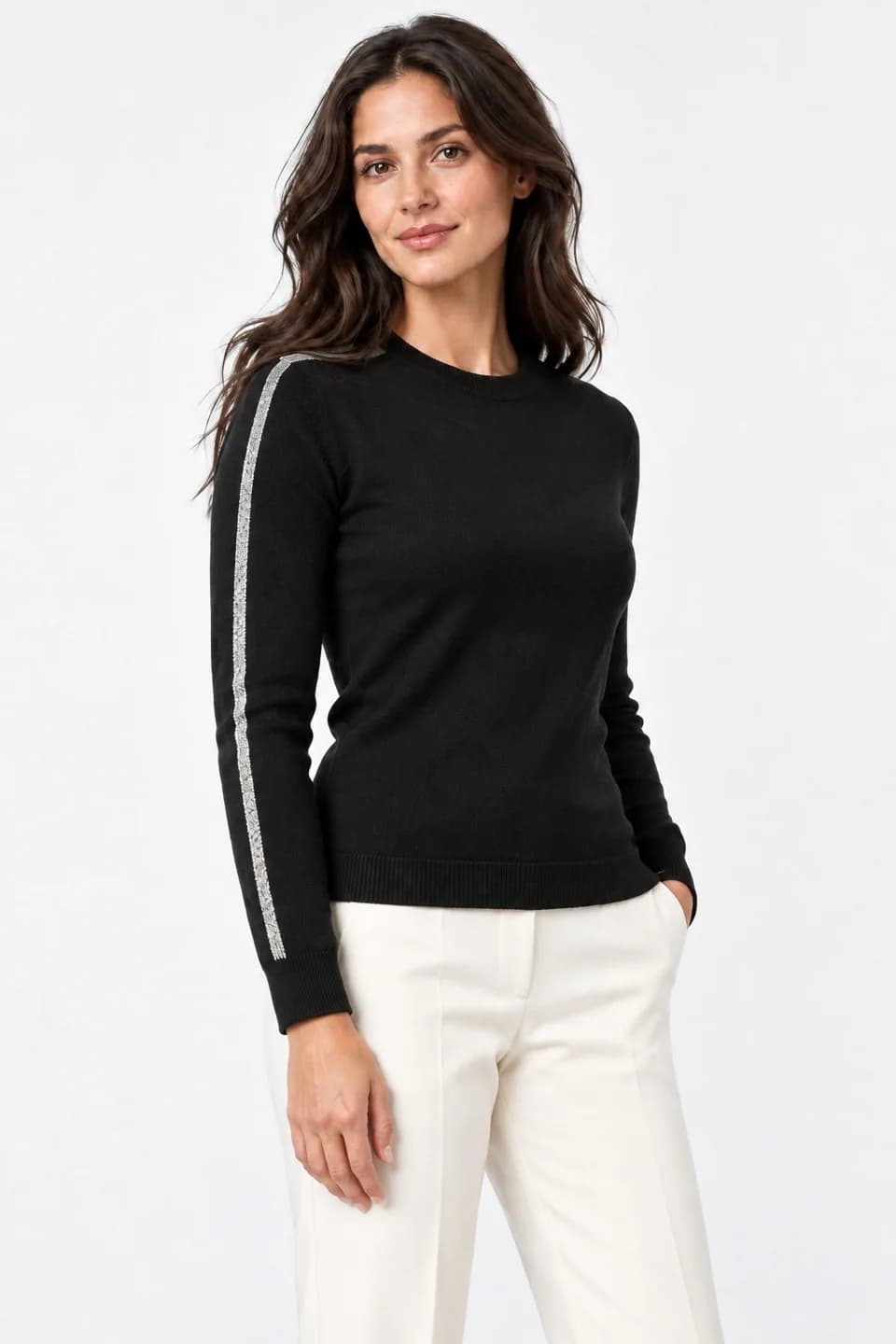 Womens Metallic Sleeve-Stripe Fine-Knit Sweater - side reference (AI development concept)