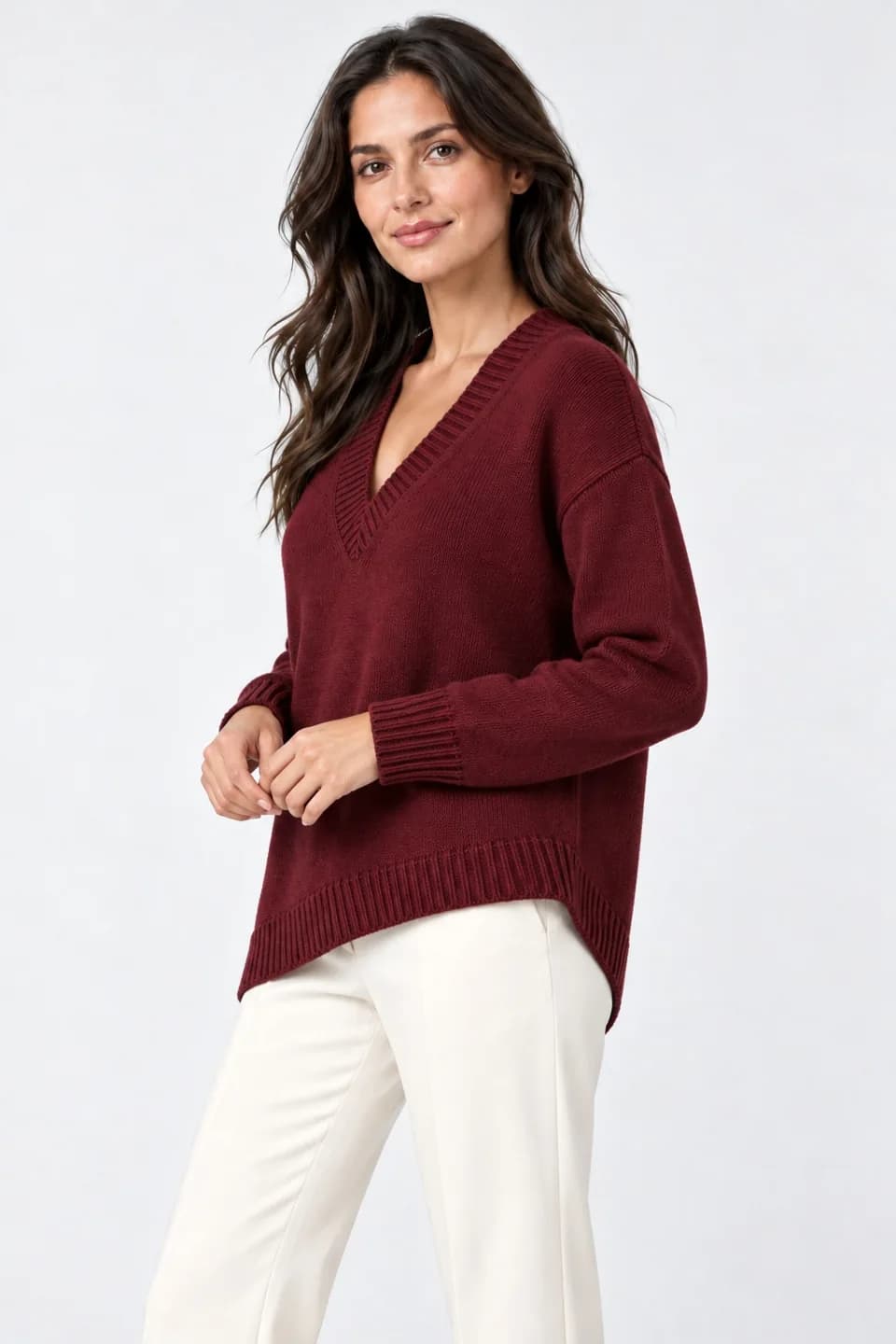 Women's Asymmetric-Hem Deep V-Neck Sweater - side reference (AI development concept)