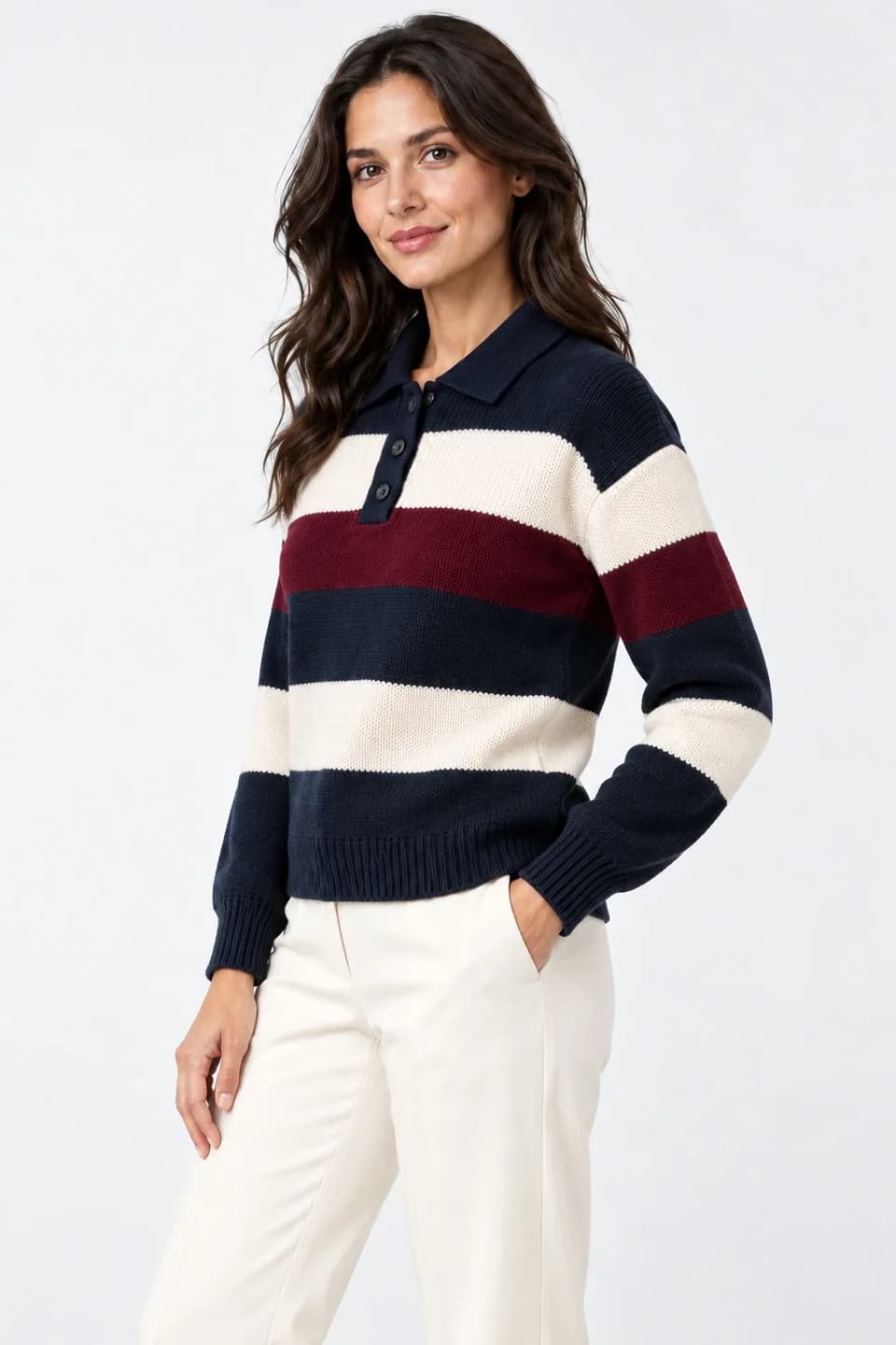 Women's Cotton Rugby-Stripe Polo Sweater - side reference (AI development concept)