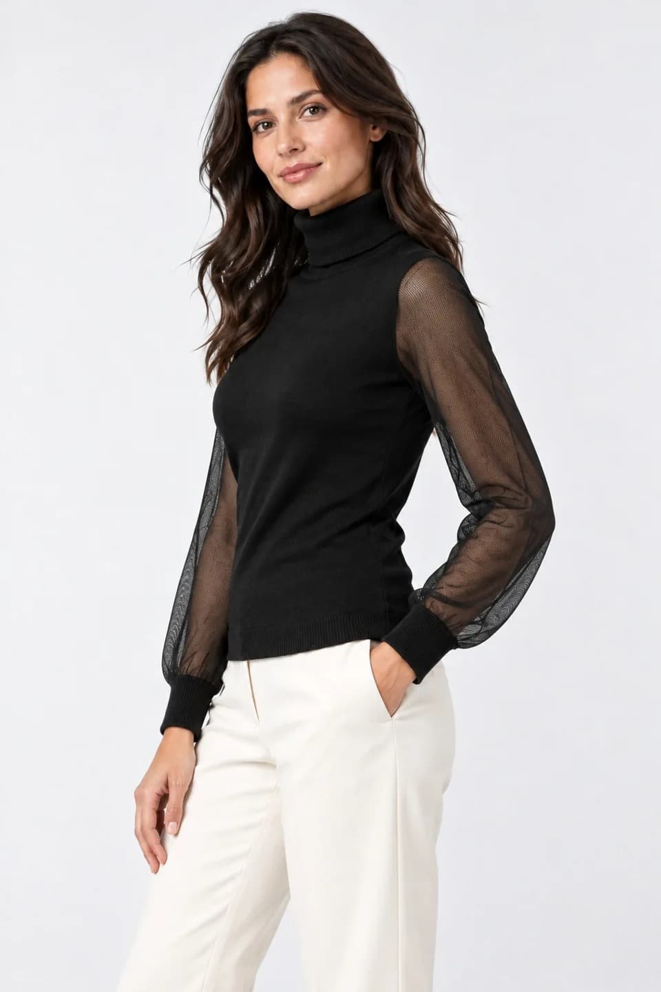 Womens Sheer-Sleeve Knit Turtleneck - side reference (AI development concept)