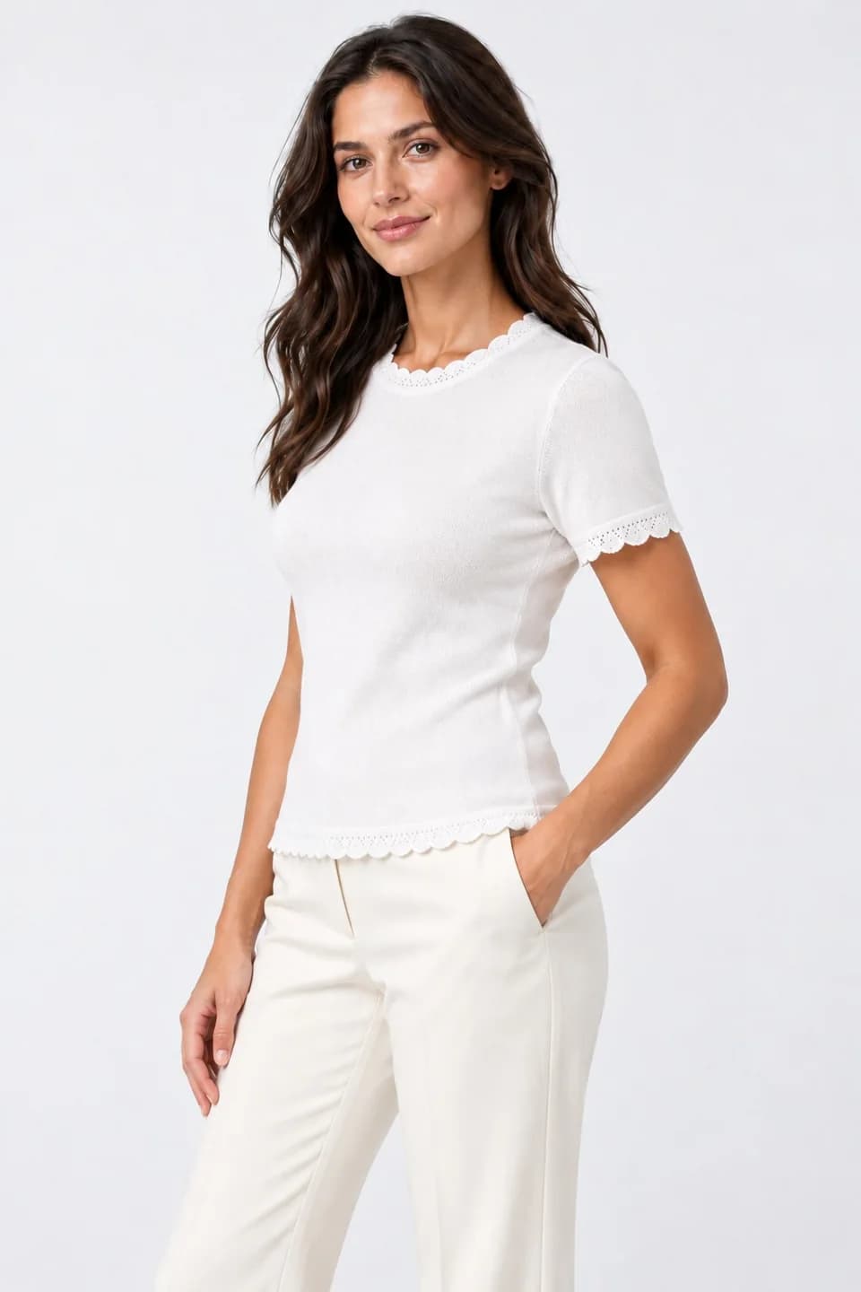 Women's Lace-Edge Fine-Knit Short-Sleeve Top - side reference (AI development concept)