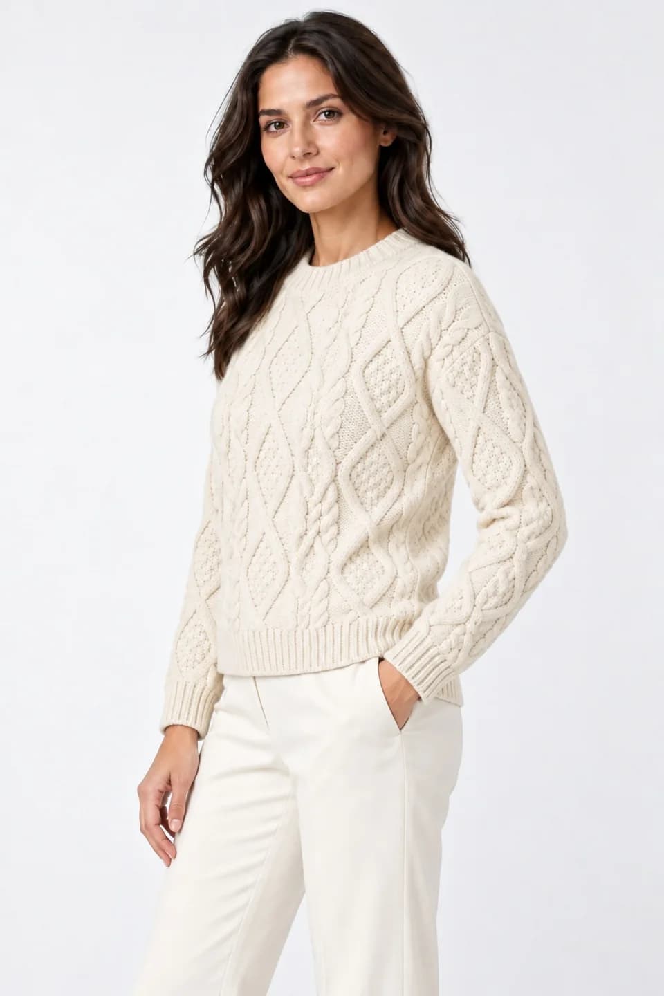 Women's Chunky Lozenge-Cable Crew-Neck Sweater - side reference (AI development concept)