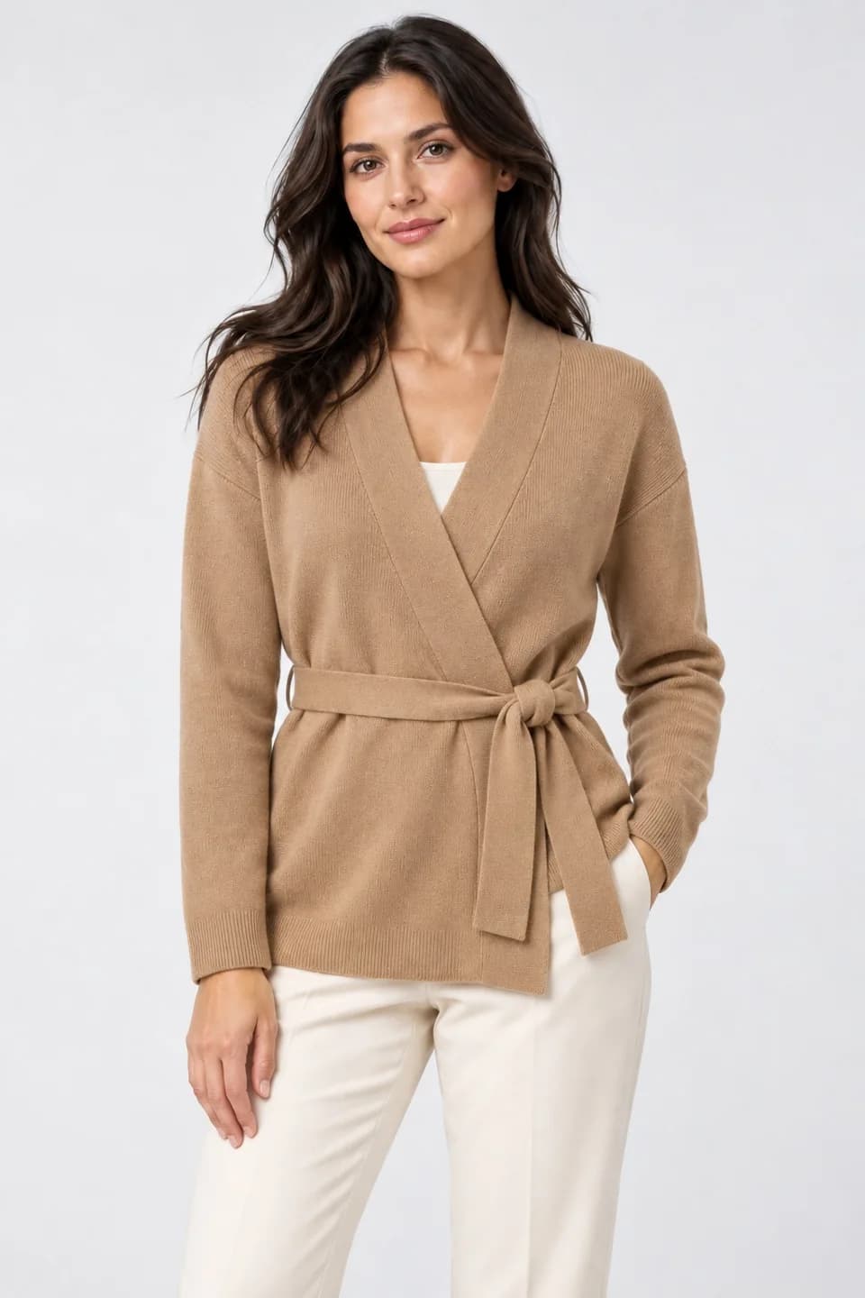 Women's Fine-Gauge Belted Wrap Cardigan - model or use reference (AI development concept)