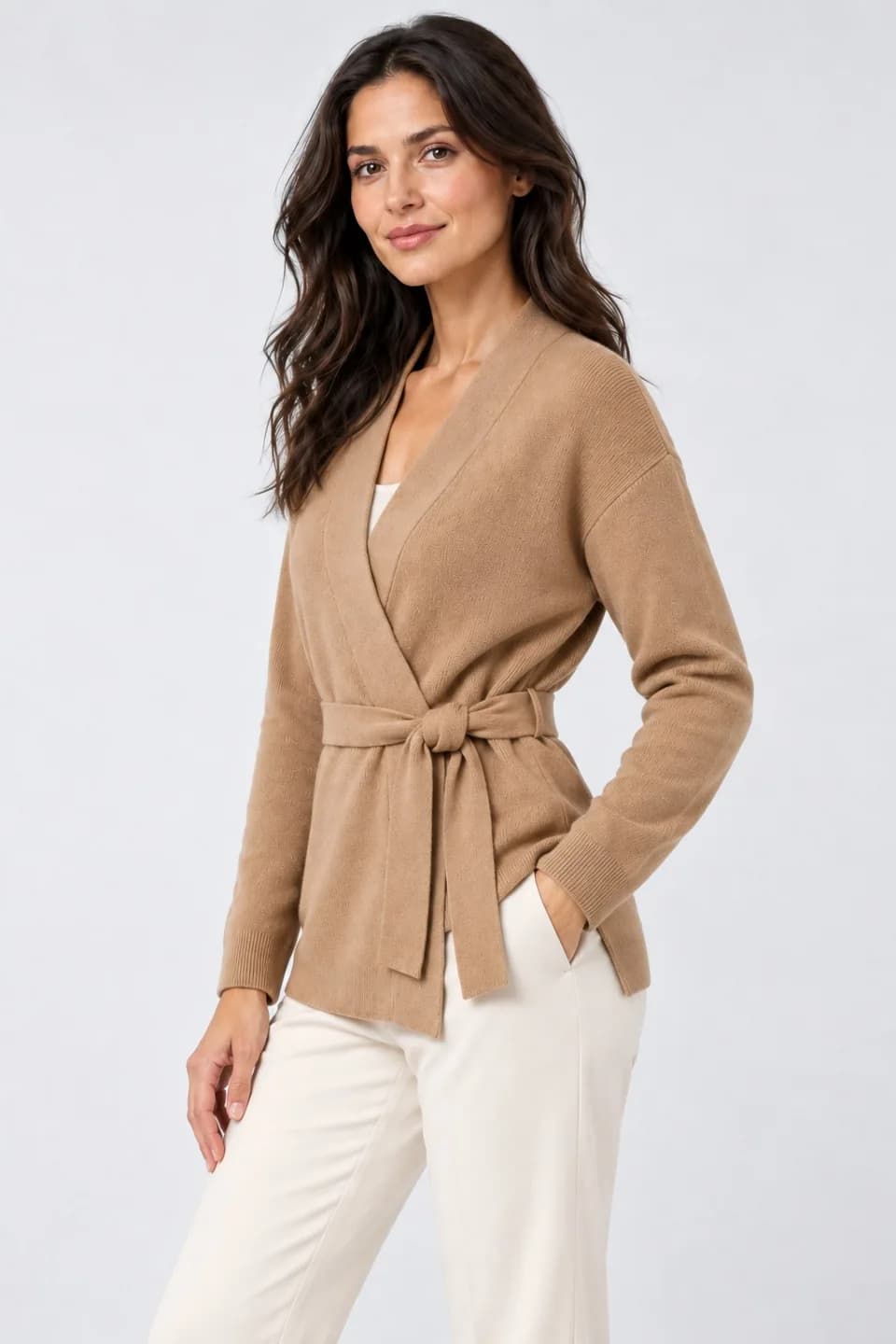 Women's Fine-Gauge Belted Wrap Cardigan - side reference (AI development concept)